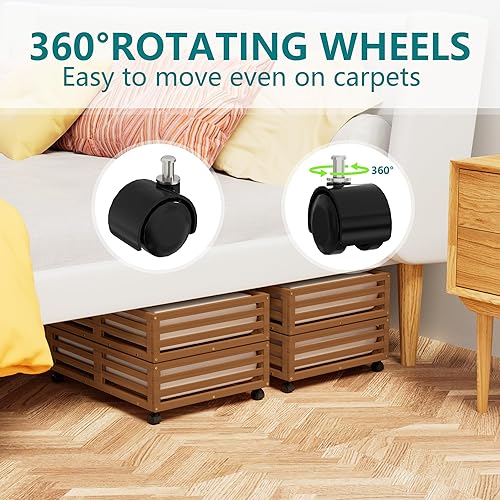 Vista 7 de Wisuce Contenedores de almacenamiento de bambú debajo de la cama, organizador debajo de la cama con ruedas con bolsa grande para el polvo, madera