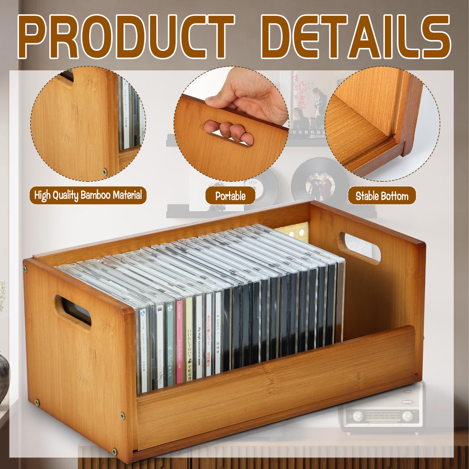 Set di 2 scatole portaoggetti in bambù impilabili per CD, organizer per custodie per film, DVD, espositori per cassette, supporti per dischi con maniglie per il trasporto