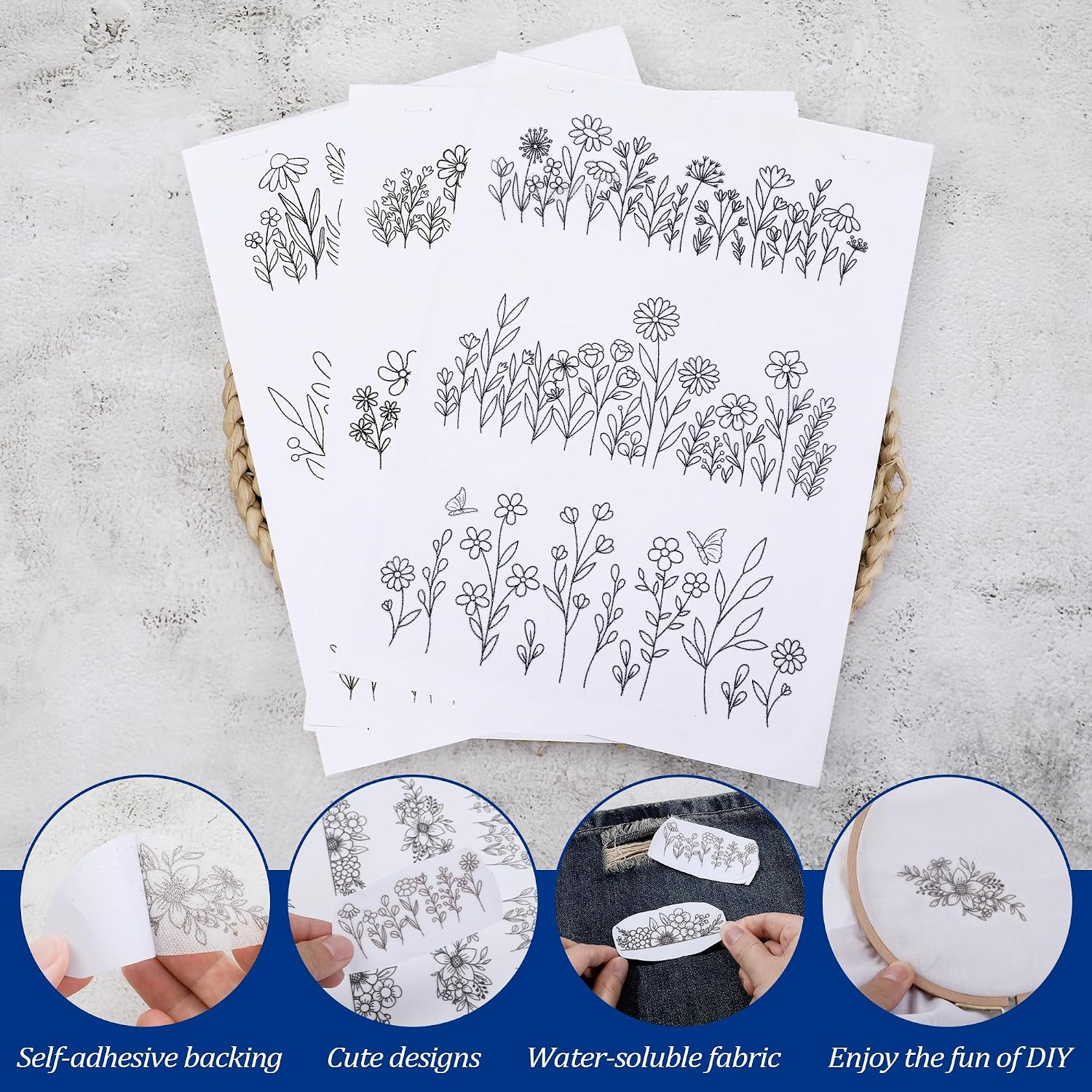 TAHULIK Water Soluble Stabilizer for Embroidery, 3 Sheets Water Soluble Embroidery Patterns, Stick and Stitch Embroidery Patterns, Transfer Paper with Pre-Printed Flower Leave for Hand Sewing