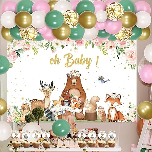 Miniatura 2 de Decoraciones de baby shower de animales del bosque para niñas, kit de arco de guirnalda de globos de criaturas del bosque, telón de fondo "It's a