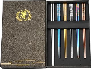 6Pairs Metal Chopsticks Reusable 304 Stainless Steel Chop Sticks Personalized Chinese Dragon Gold Chopstick for Adults Eating Gift Set (9IN)