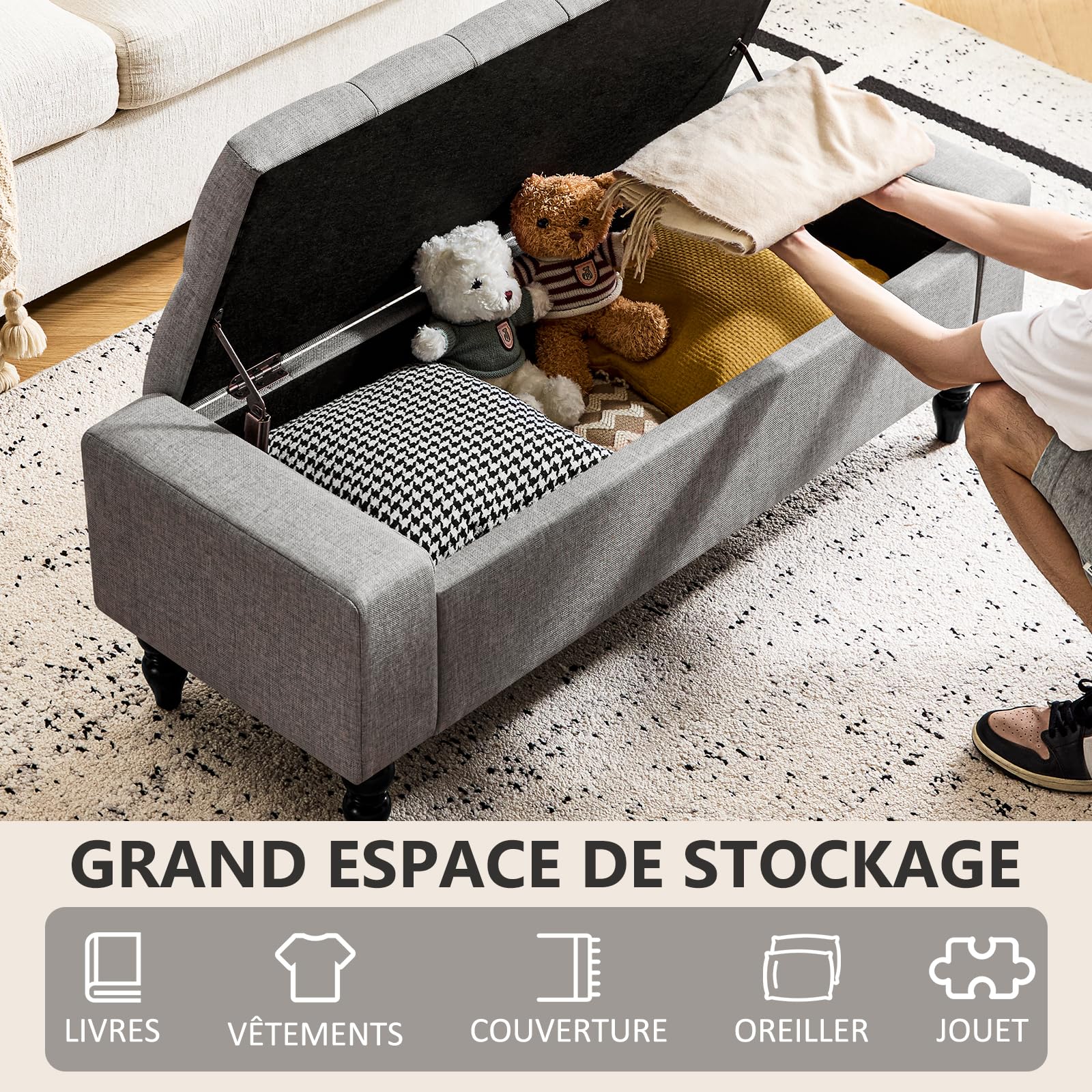 Hellove Ottoman de Rangement avec Coussin – Banc de Rangement pour Salon, Entrée, Chambre – Grand Espace de Stockage, Banc Coffre Assise Confortable, Mousse Épaisse & Structure Robuste, Gris