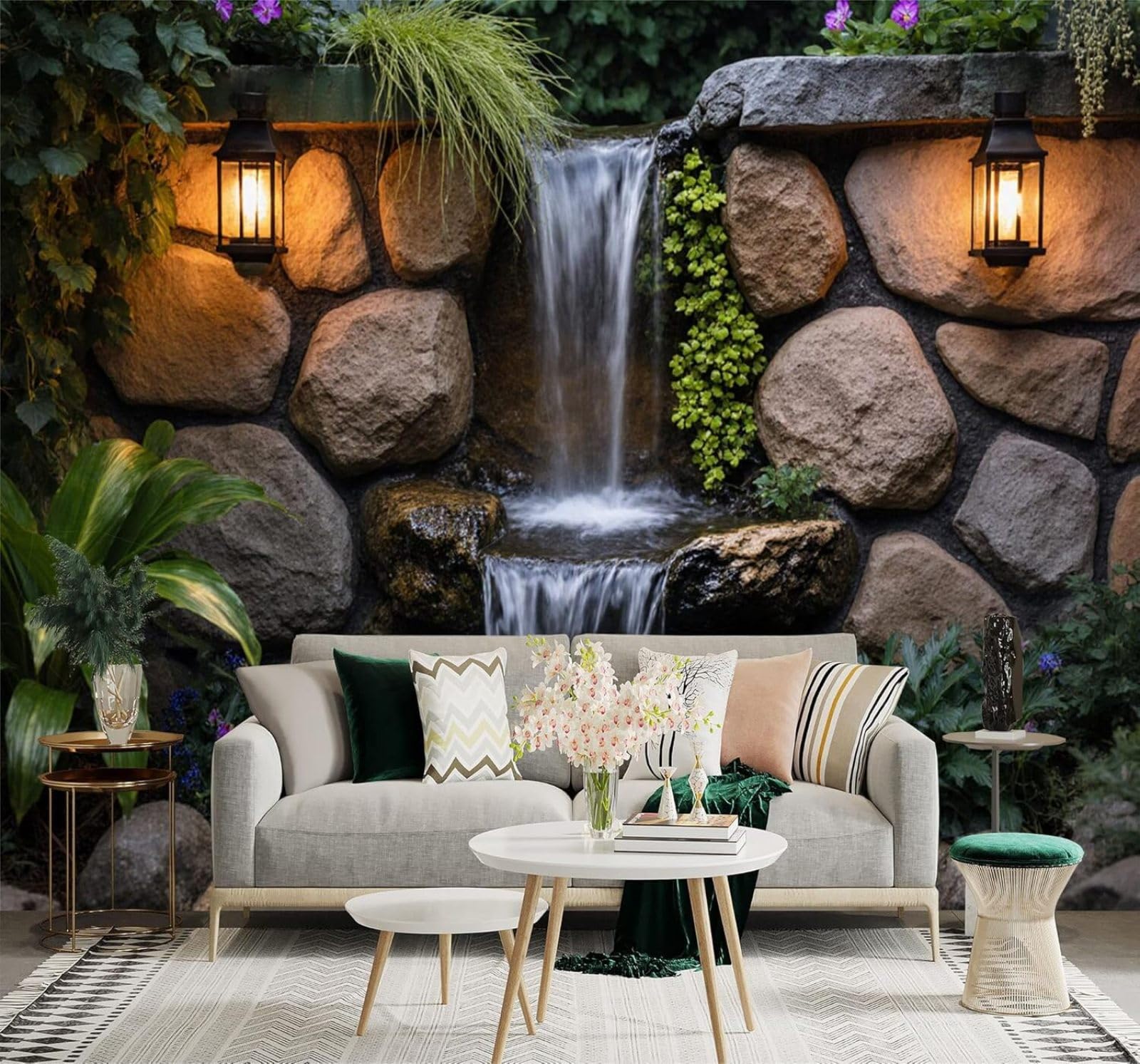 Xlming 250Cm×170Cm(B×H) Waterfall Stone Wall Lanterns Greenery 3D Wallpaper Premium Textured Silk Study Dining Living Room Bedroom Sofa Tv Wall Easy Install-250Cm×170Cm