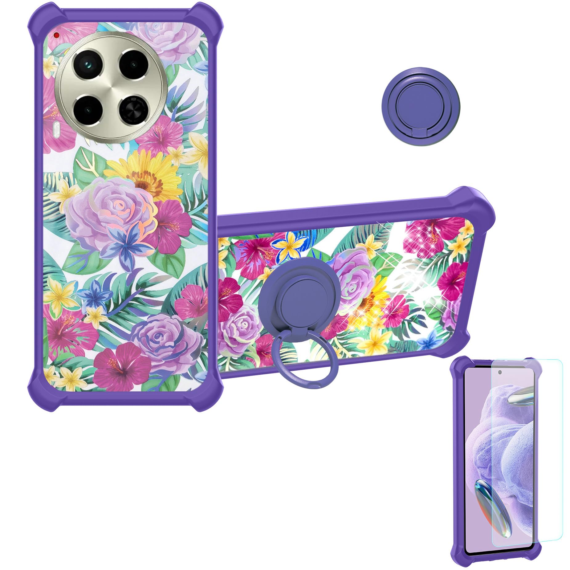 jioeuinly Case Compatible for Tecno Camon 30 Premier 5g Phone Case Cover [with Tempered Glass Screen Protector][Hard PC + Soft Silicone][Ring Support]