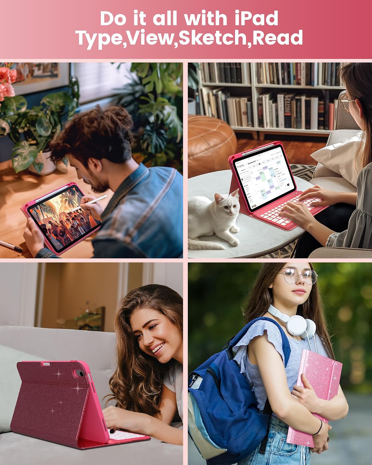 typecase Folio Keyboard Case for iPad 10th Gen 10.9 inch (2022) and iPad 11th (A16, 2025), Magnetic Wireless Detachable Keyboard, 7-Color Backlight, Thin & Light, Pencil Holder – Glitter Blush
