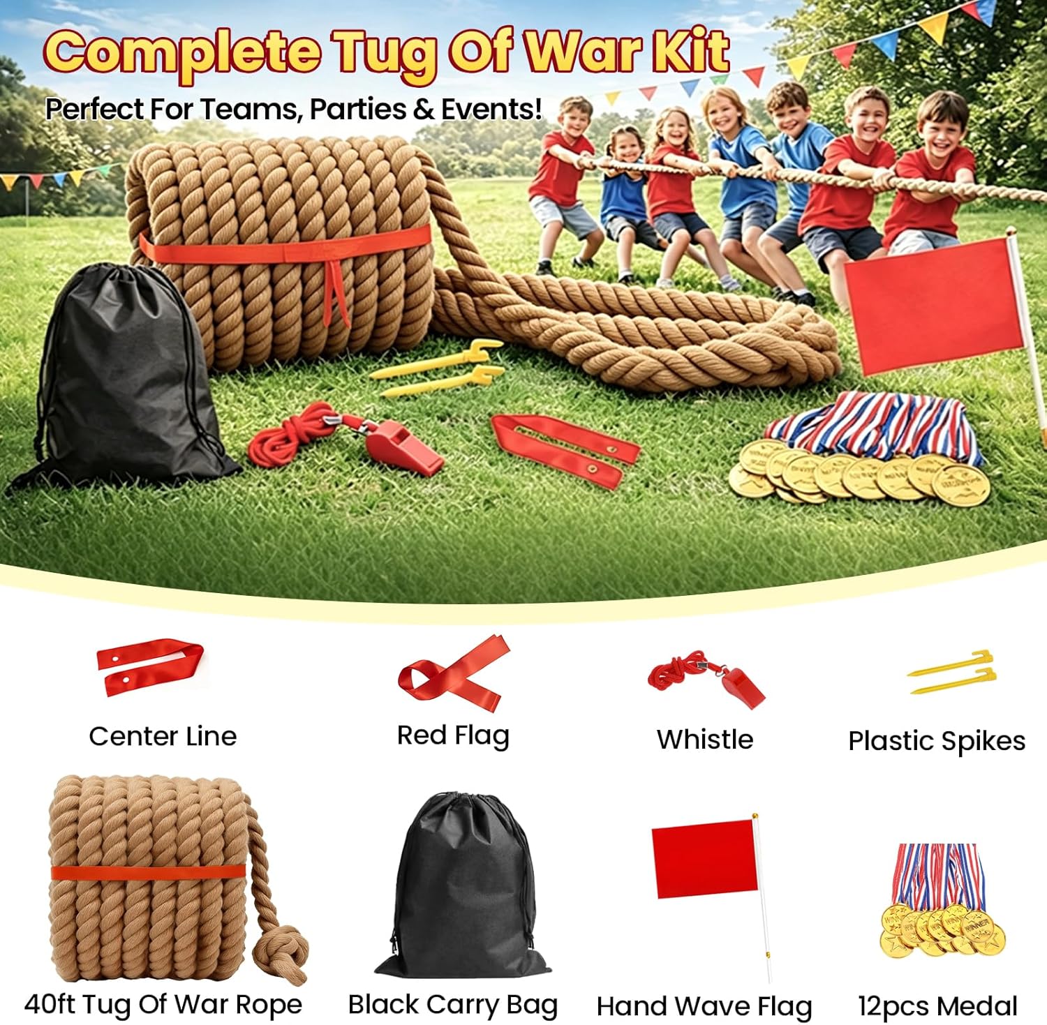 40FT Tug of War Rope for Summer Games, Natural Twisted Cotton Rope Outdoors Yard Backyard Camping Lawn Game for Team Building Activities Field Day Family Reunion Birthday Party