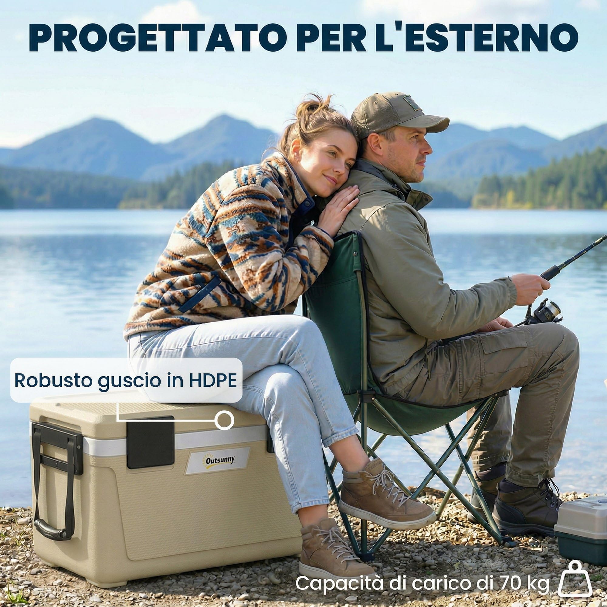 Outsunny Cooler Box 42.6L, Frigo Isotermica, Leggera e Portatile con Maniglia, Coperchio e Valvola di Scarico, Mantiene Cibo e Bevande Caldi o Freddi, Ideale per Campeggio e Picnic, Cachi