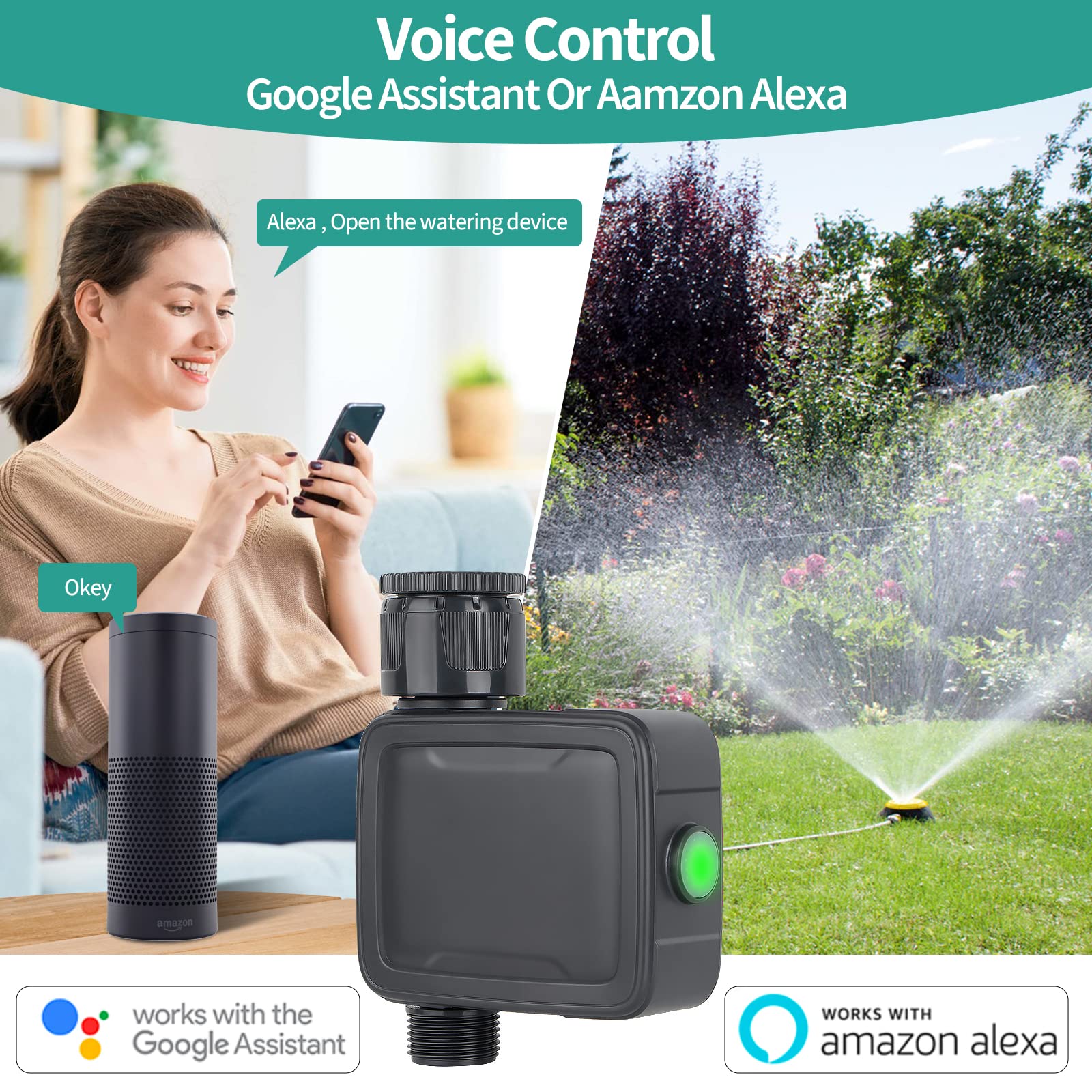 Tesmotor Computer di irrigazione, programmatore di irrigazione intelligente WiFi, timer di irrigazione automatico con controllo tramite app e voce, funzione ritardo della pioggia, sistema di