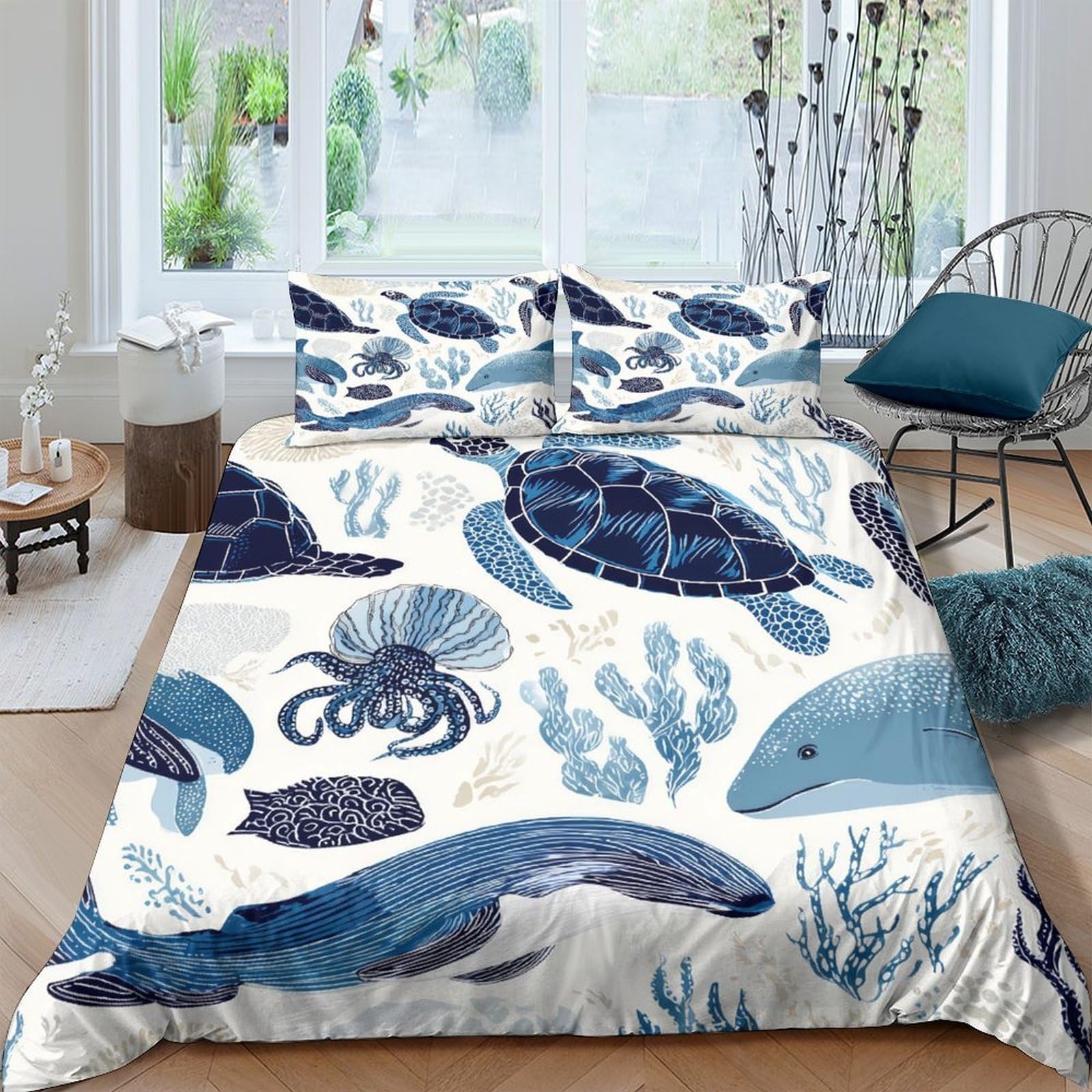 Ctjqhvkz Style-9 3D Printed Ocean Turtle Fitted Sheet Microfiber Soft Mattress Cover Sea Dolphin Bedroom Decor Easy Care Single（135X200cm）