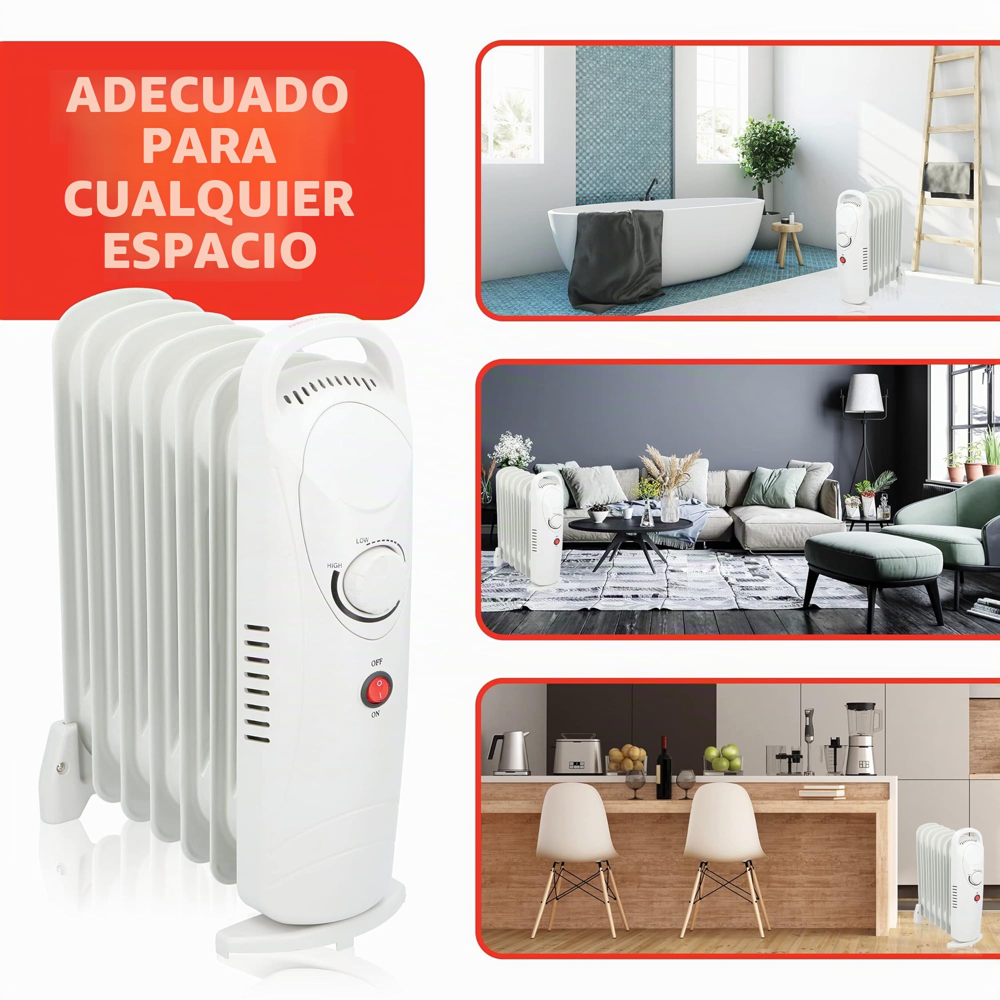 alpina Radiador de aceite 850W, 7 elementos, termostato mecánico, calefacción eléctrica de bajo consumo, regulador de potencia de bajo consumo de energía, compacto y portátil, blanco, normal