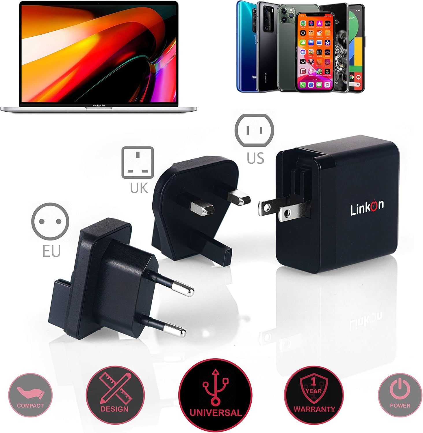 LinkOn Ganius 65W Wall Charger GaN Tech 65W USB-C PD3.0 PPS and 18W USB-A QC4.0+ Compatible with MacBook HP Dell Lenovo Surface Samsung Galaxy S20 Ultra Note 10+ Portable Laptop Travel International