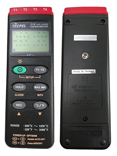 TECPEL DTM-319 Termómetro de registrador de datos de termopar tipo K de cuatro canales fabricado en Taiwán (TPK-01 4 piezas incluidas)