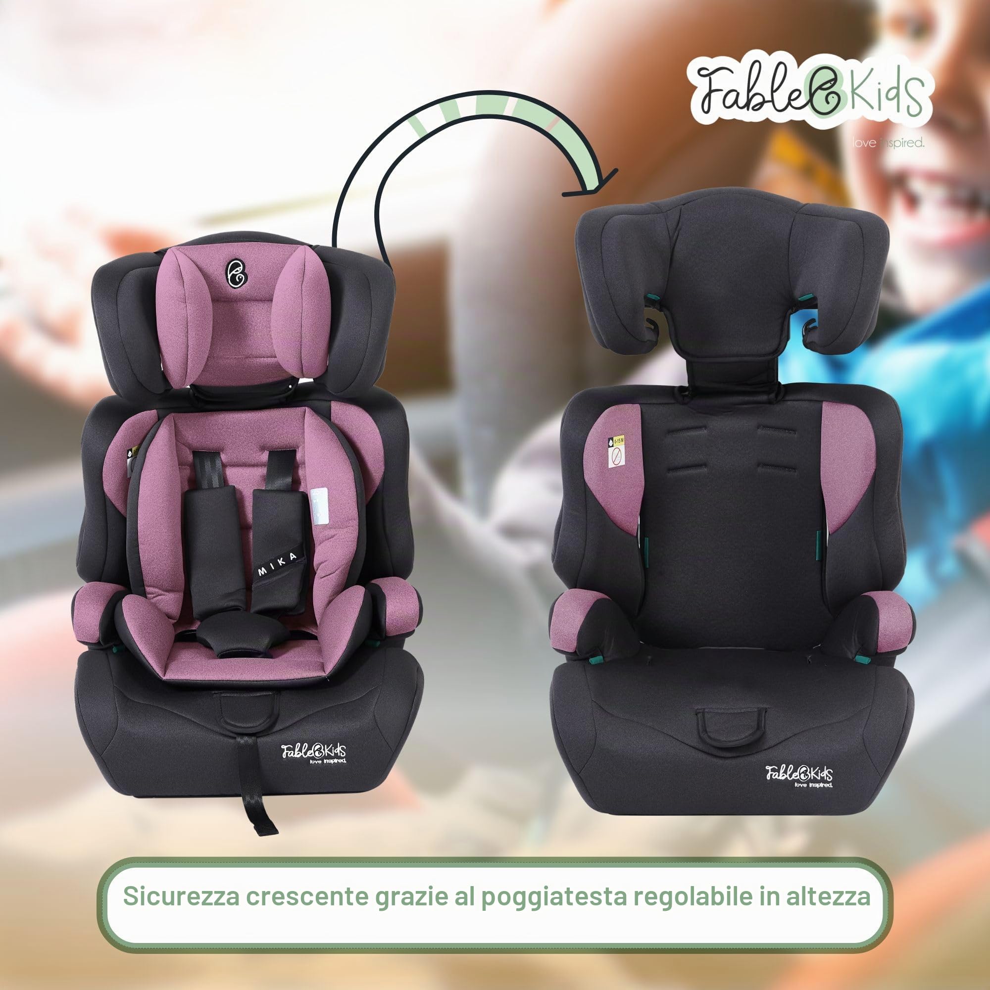 FableKids seggiolino auto per bambini | cintura di sicurezza a 3 punti | Seggiolino auto per bambini 76-150 cm | seggiolino regolabile con poggiatesta | ECE R129 | rosa