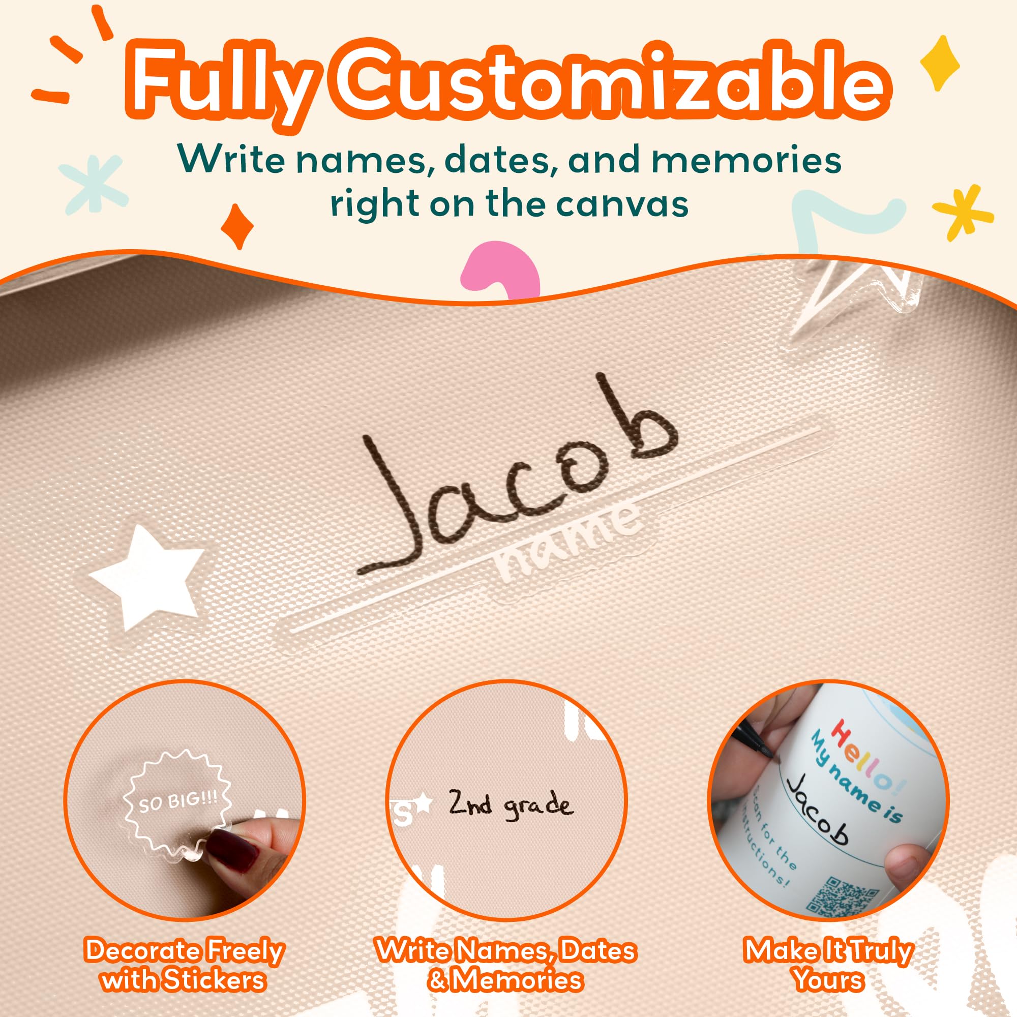 Growth Chart for Wall with Stickers, Marker, Hook Hanging Height Chart for Kids Neutral Kids Wall Decor for Boys & Girls - Easy to Install in Baby Room, Nursery, Playroom - Child-Safe- Beige