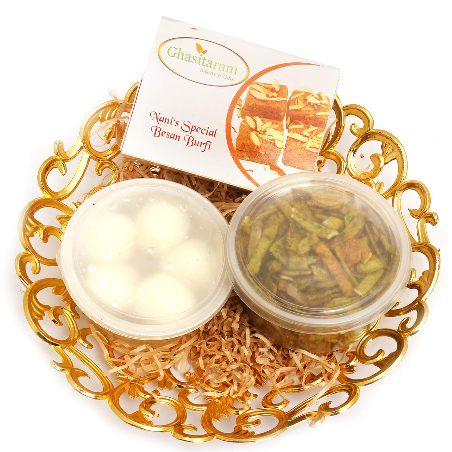 Ghasitaram Gifts Sweet - Gold Carved Basket of Besan Barfi, Rasgulla and Palak Chips|Gift Hamper|Diwali Gift Hamper|Food Hampers|Gourmet Hampers|