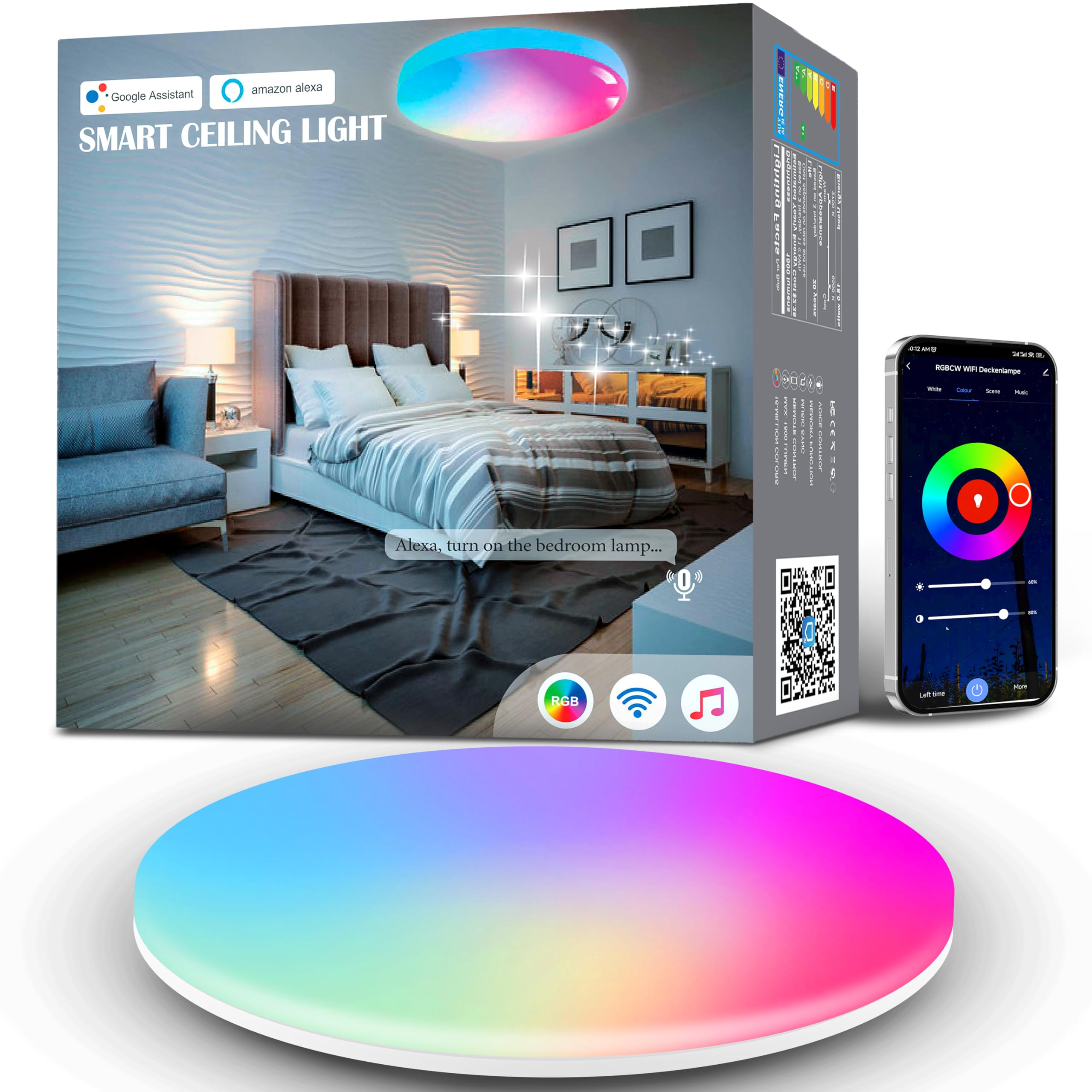 24W Plafoniera Smart LED Ø30CM 2400LM RGB WiFi con App Controllabile Tramite App Compatibile Alexa e Google Assistant per il Soggiorno