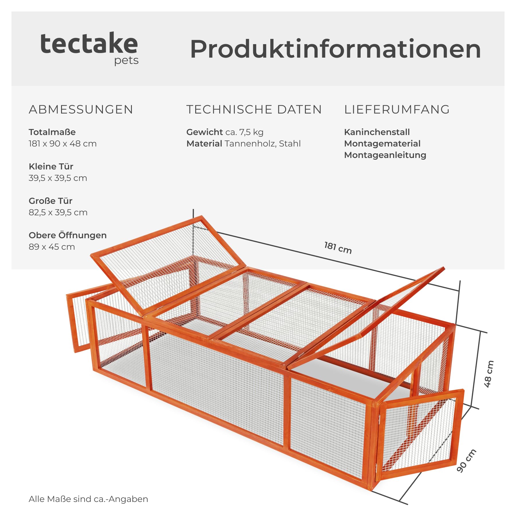 tectake® Gehege, Kleintierkäfig, Nagerkäfig, Freigehege aus Holz mit Metallgitter, Hamster oder Hasen Zubehör, Kaninchenstall mit 4 Türen, Meerschweinchen Gehege 181 x 90 x 48 cm - braun/braun