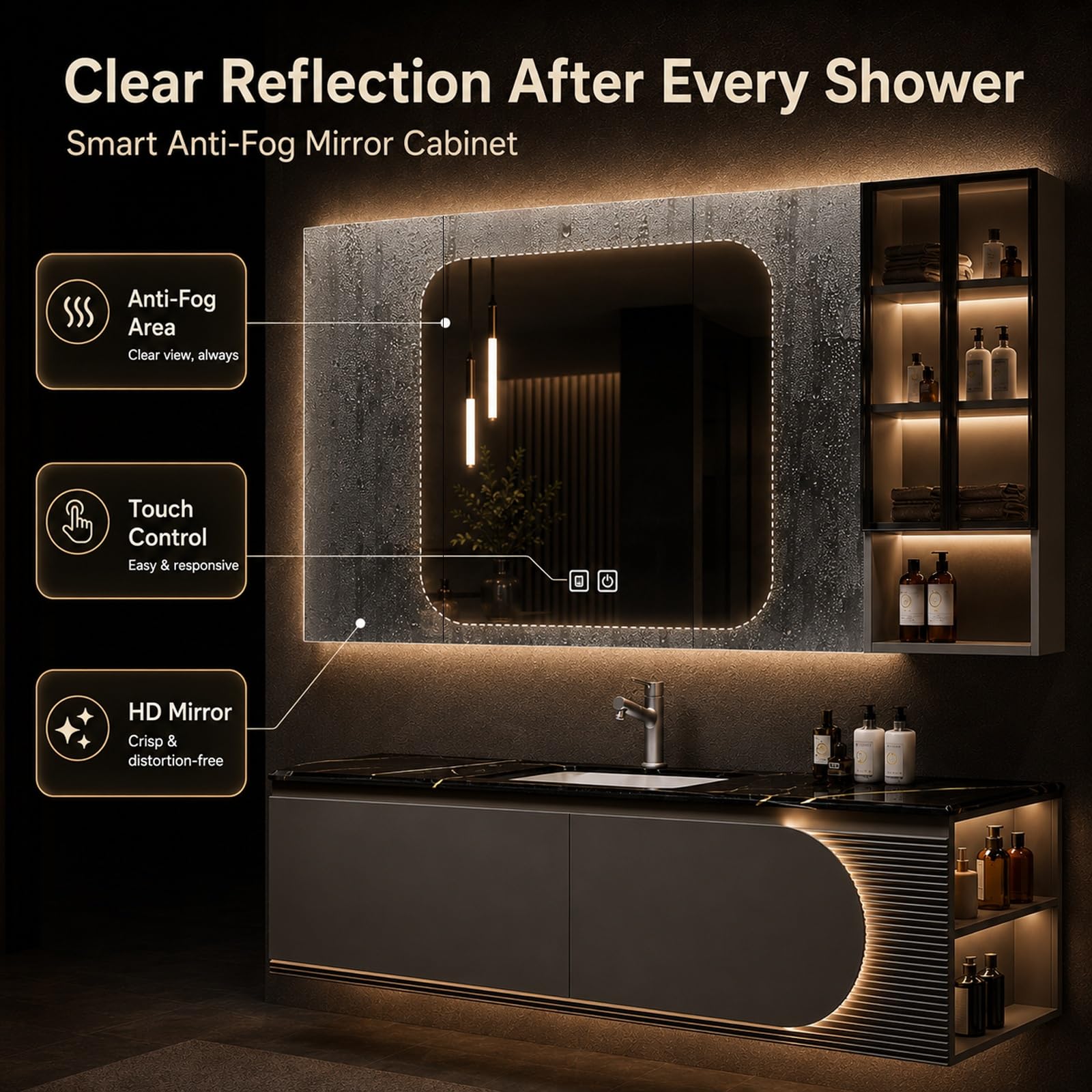 Mobile Bagno Con Lavabo, Mobile Sospeso Bagno Con Specchio E Colonna, Piano In Pietra Sinterizzata, Legno Di Hevea, Per Bagno Moderno Elegante