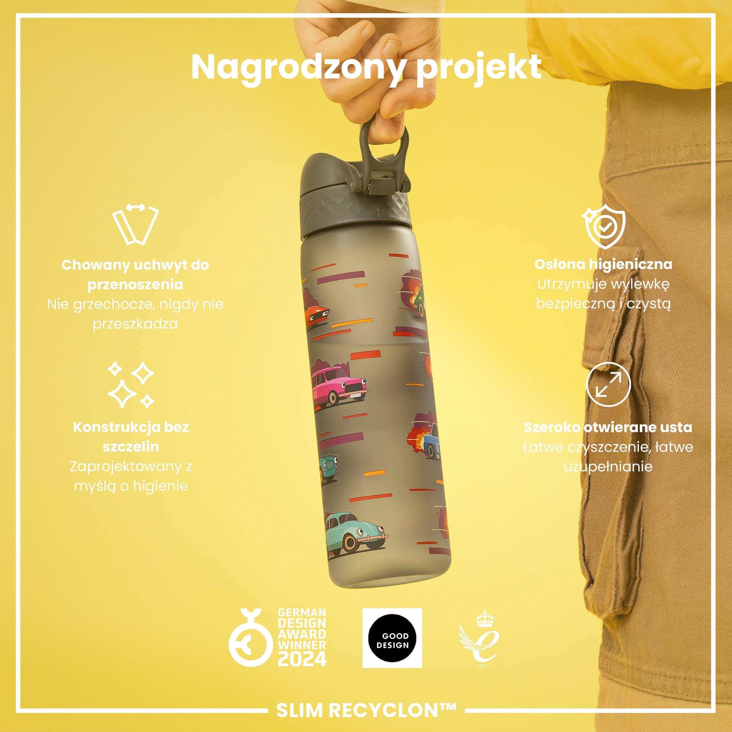 ION8 Butelka na Wodę, 500 ml/18 oz, Szczelna, Łatwe Otwieranie, Bezpieczny Zamek, Można Myć w Zmywarce, Bez BPA, Higieniczne Pokrycie, Uchwyt do Przenoszenia, Łatwa Czyszczenie, Samochody Sportowe