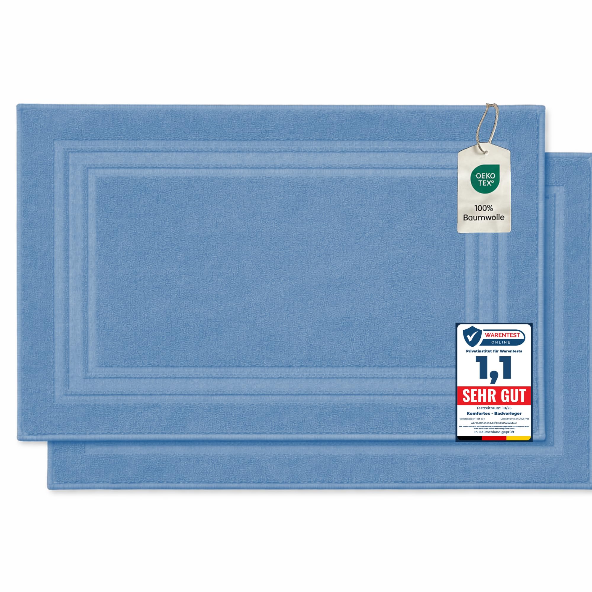 Komfortec Terry Cloth Shower & Bath Mat Set, 2 Washable Mats, 100% Cotton, Absorbent & Quick Drying, 50 x 70 cm, Light Blue — image 1