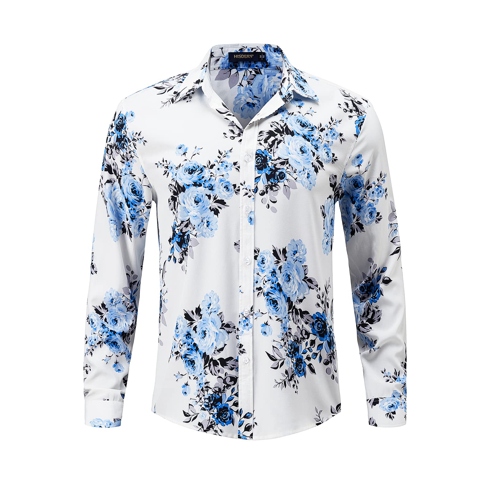 HISDERN Camisas de Hombre Camisas de Vestir con Botones de satén Camisa de Seda de Cachemira de Ajuste Regular de Manga Larga para Hombres Patrón único Floral Informal