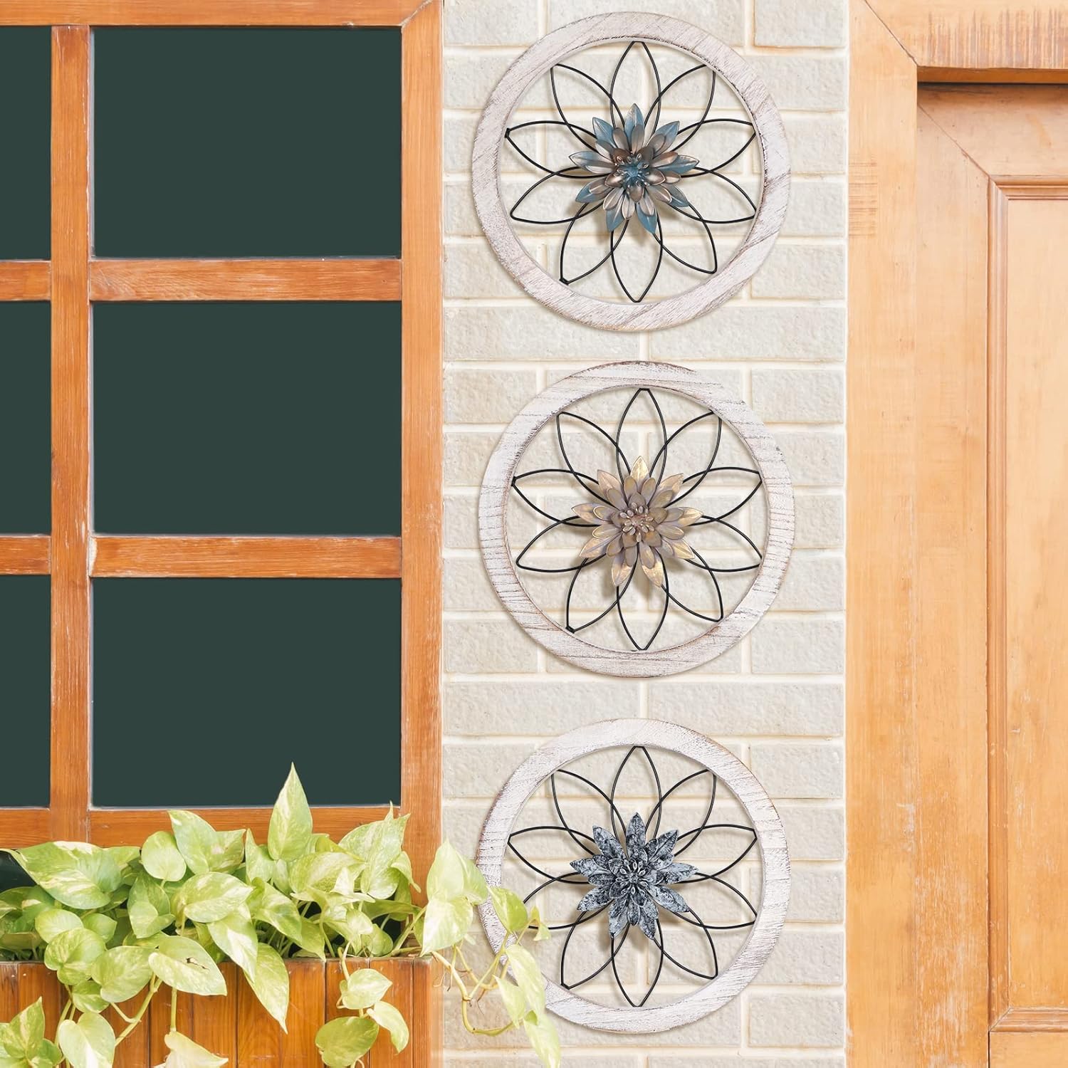 Horse 3 Pieces Ultra-thick Farmhouse Rustic Wall Decor, Wooden Frame Iron Flower Farmhouse Hanging Decoration for Outdoor,Bedroom, Living Room, Bathroom, Kitchen,Indoor