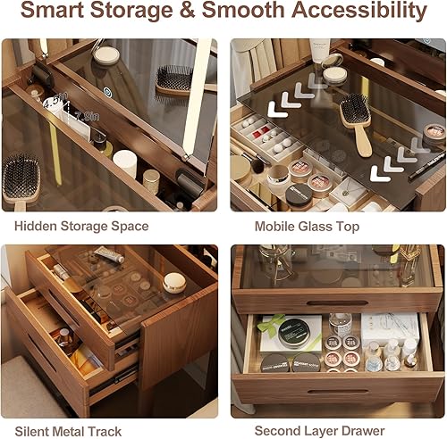 Miniatura 6 de Escritorio pequeño de madera maciza con espejo y luces, tocador de maquillaje estrecho para espacios pequeños, mesa auxiliar de tocador abatible, 3