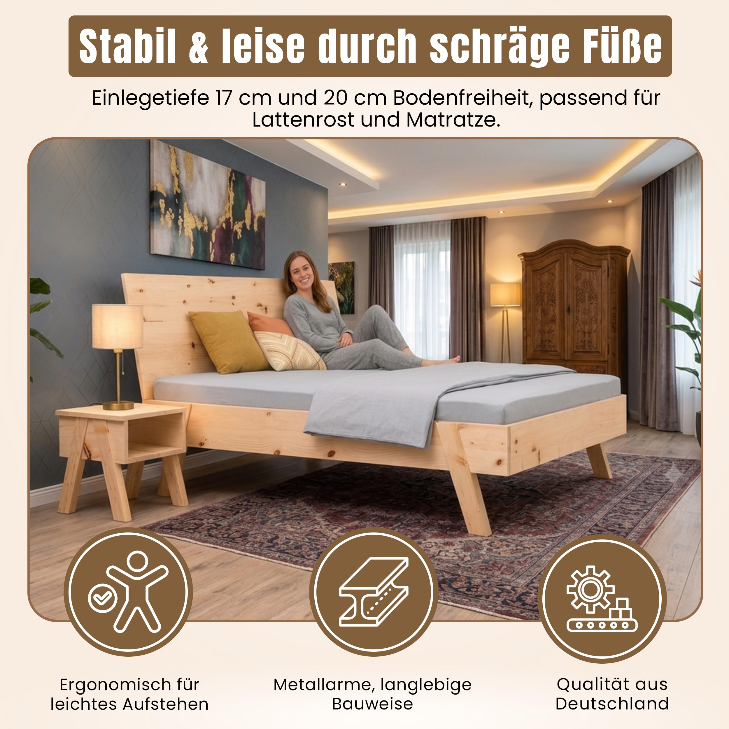 Geborgenschlafen Massivholzbett 90×200 cm aus Zirbe Natur | Unbehandelt LOVA Holzbett mit Komforthöhe 40 cm & Einlegetiefe 17 cm – Stabil und langlebig Massivholz-Bett