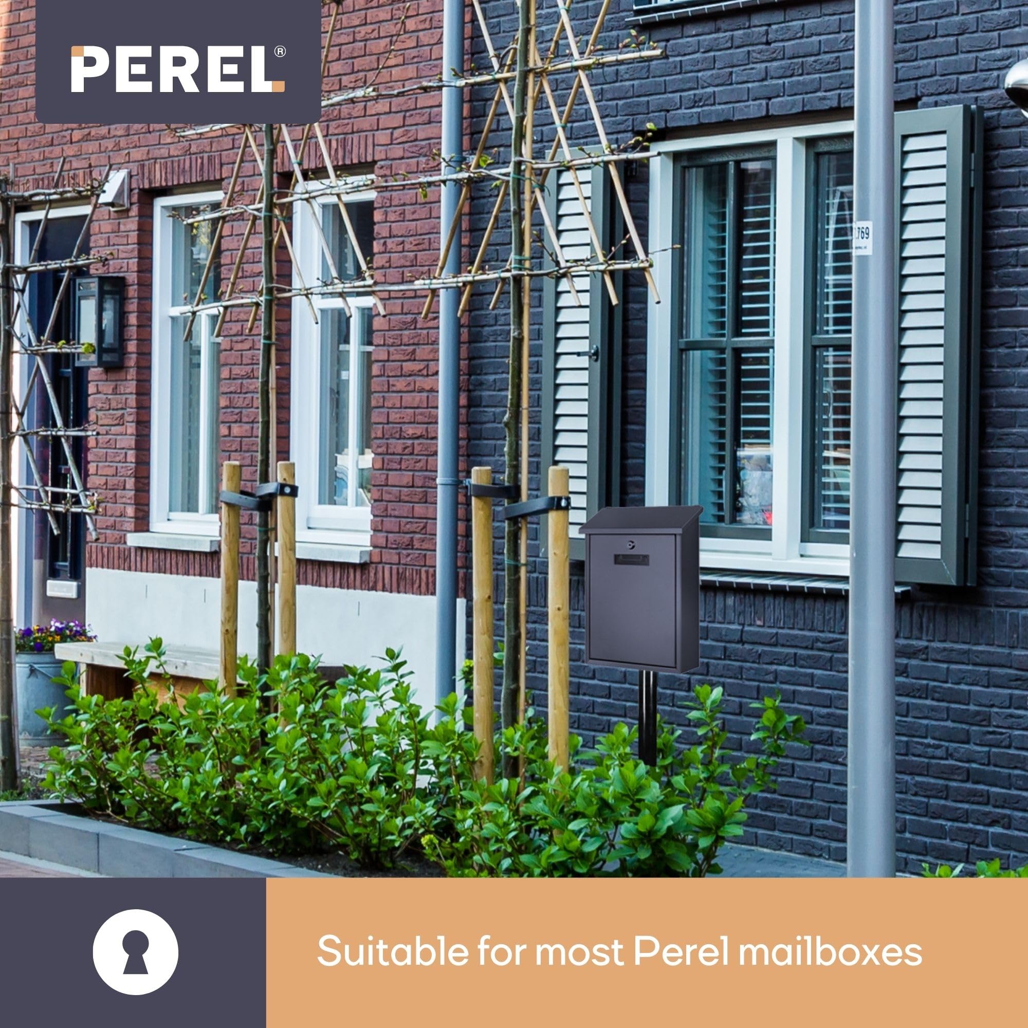 Perel Poteau de Boite aux Lettres Noir en Acier galvanise, Hauteur 150 cm, Pose Libre avec Supports de Fixation, Resistant aux intemperies et Stable pour Exterieur