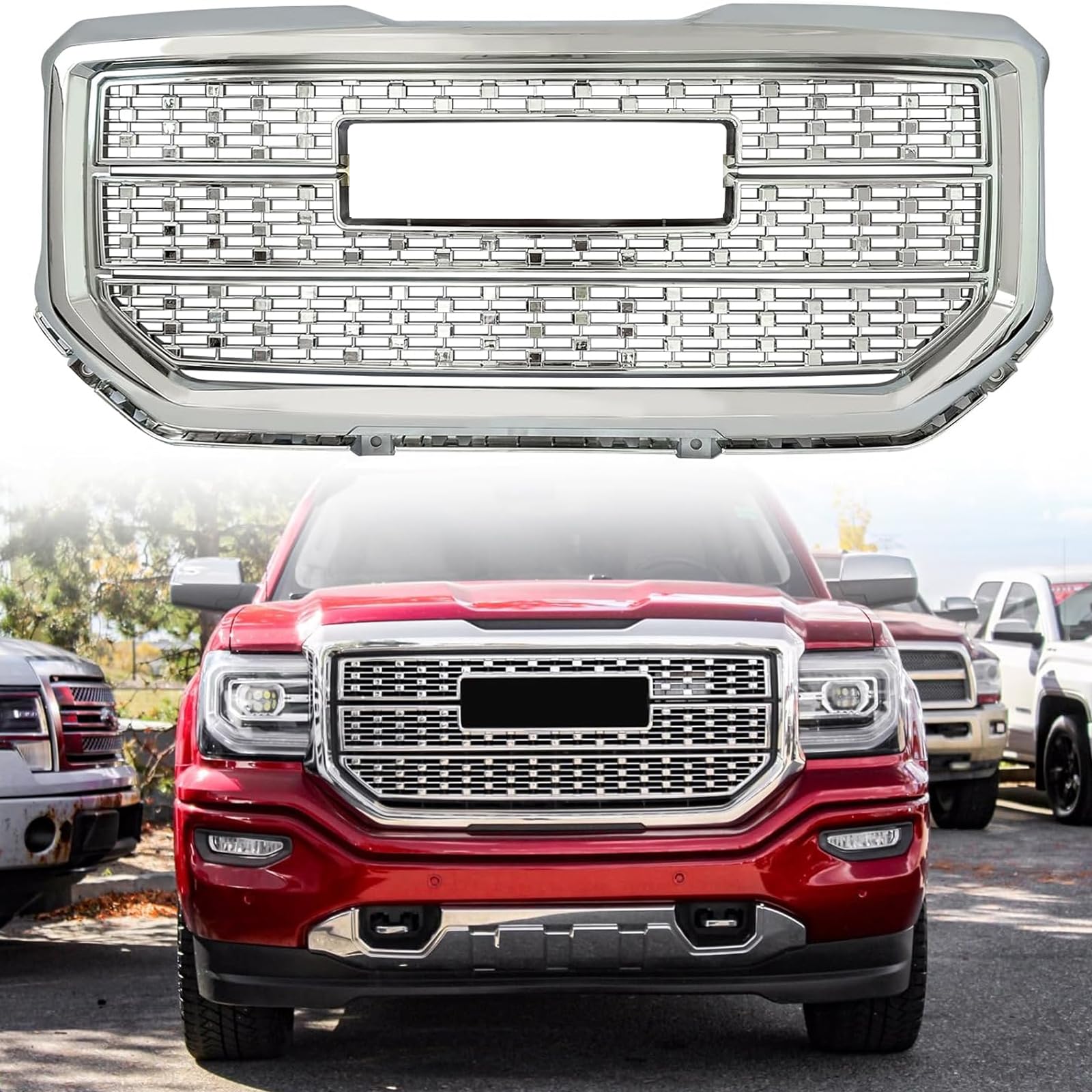 For Sierra Glossy Chromed Grille Compatible With 2016 2017 2018 GMC Sierra 1500 Base SLE SLT Denali Style Front Chrome Upper Grill