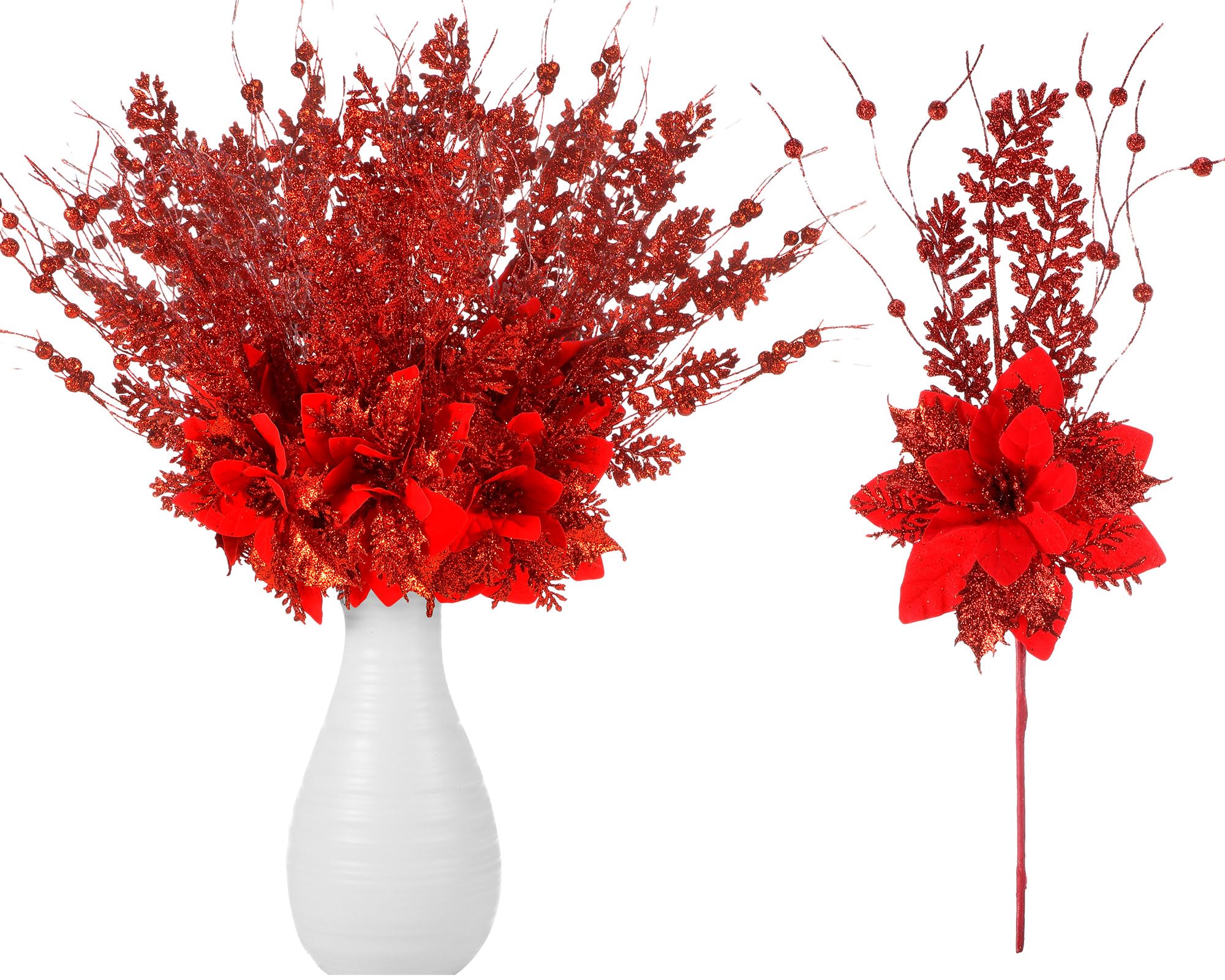 Canlierr 15 Stück 43,2 cm künstliche Glitzer-Beerenstiel-Ornamente mit Weihnachtsstern, Weihnachtsstern, für Weihnachtsbaum, Vase, Urlaub, Party, Heimdekoration (rot)