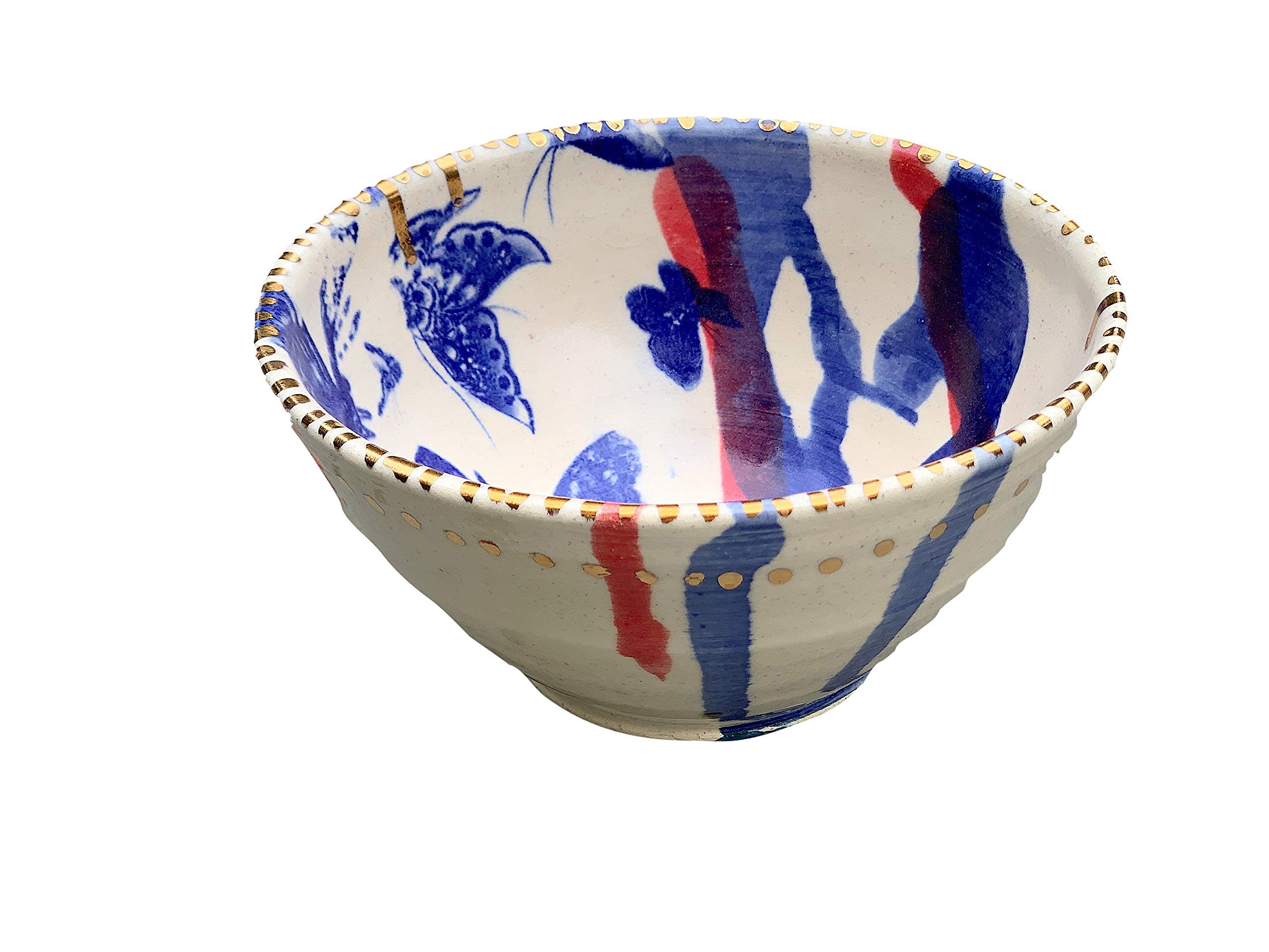 Ceramic Red White and Blue Butterfly Bowl with Gold Accents, Handmade Dinnerware for Soup, Cereal or Salad Serving Dish, Gift for Her