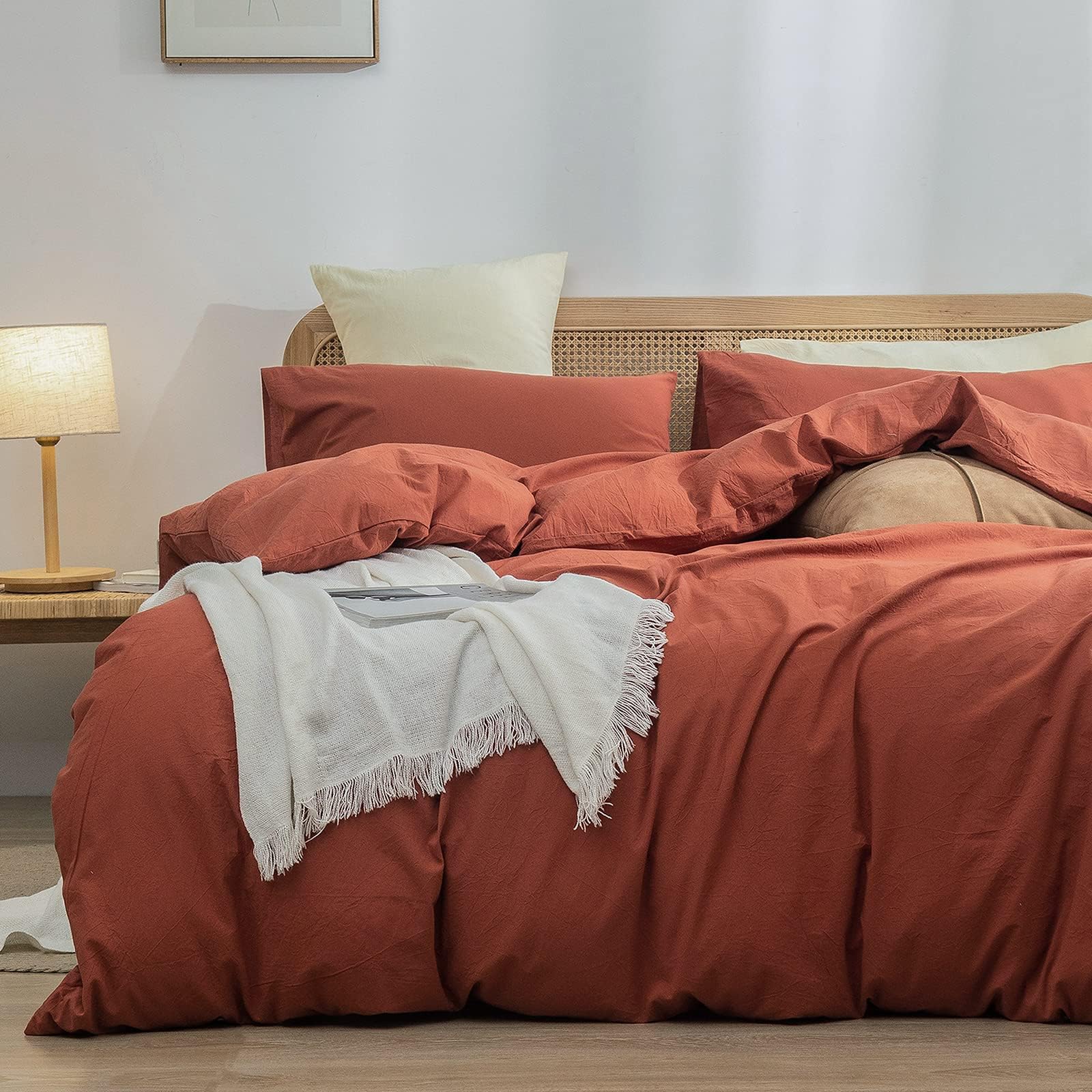 BESTOUCH Cotton Solid Duvet Cover Set Linen Feel Crimson Red Alaska King