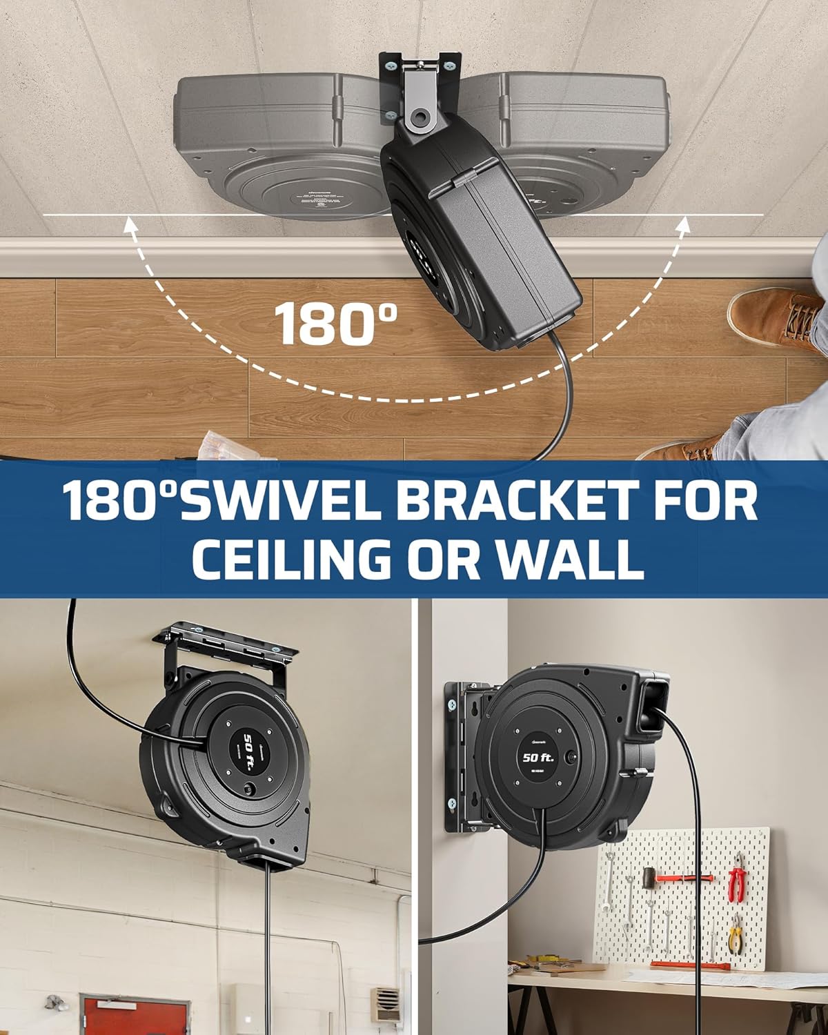 DEWENWILS Retractable Extension Cord Reel, 50FT Heavy Duty Power Cord, 14/3AWG SJTOW, Lighted Triple Tap Outlets, 13 Amp Circuit Breaker, Ceiling/Wall Mount, UL Listed