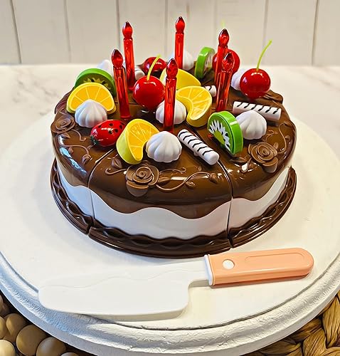 Miniatura 7 de Pastel de cumpleaños falso - Decoración de pastel falso de chocolate con frutas y velas