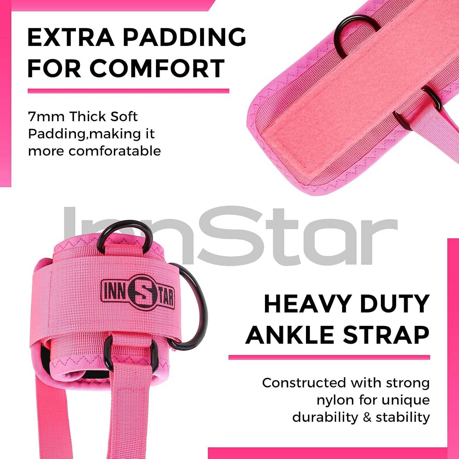 INNSTAR Adjustable Ankle Strap for Cable Machines, Rotateble D-Ring for Glute & Leg Workouts