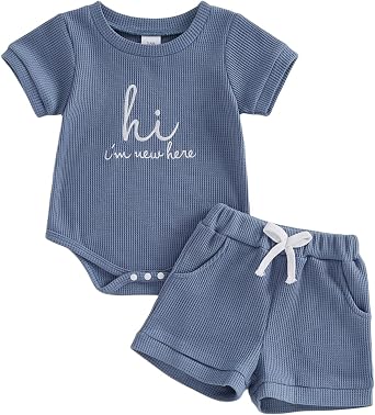 Douhoow Newnorn Baby Summer Clothes Infant Girls Boys Short Sleeve Letter Embroidery Baby Waffle Romper Shorts Set
