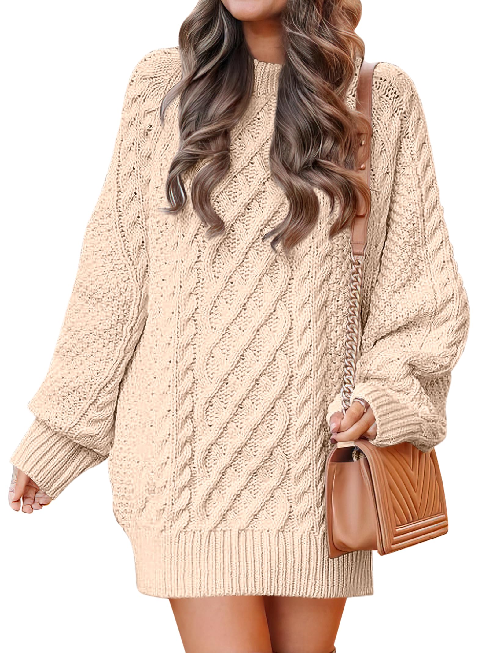 ANRABESS Womens Sweater Dress Oversized Cable Knit Chunky Long Sleeve Short Dresses 2025 Fall Outfits Vacation Winter Clothes: Apricot Small