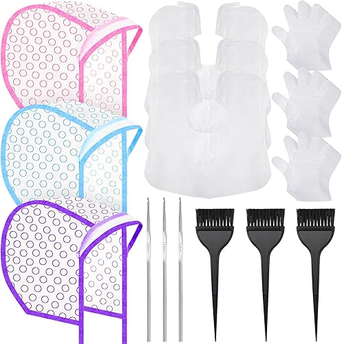 Kit de 3 juegos de coloración para el cabello, incluye 3 piezas de gorras de PVC para colorear el cabello con 3 herramientas de peinado, 3 piezas de