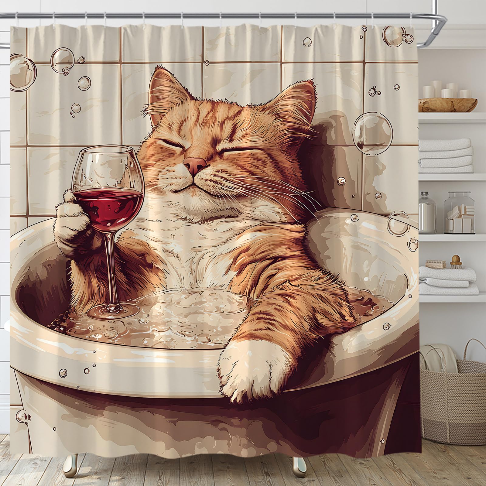 Cat Shower Curtain Funny Cat Vintage Cute Animal Rustic Pet Bath Bubbles Fabric Bathroom Decor Set with Hooks(70" WX70 H)