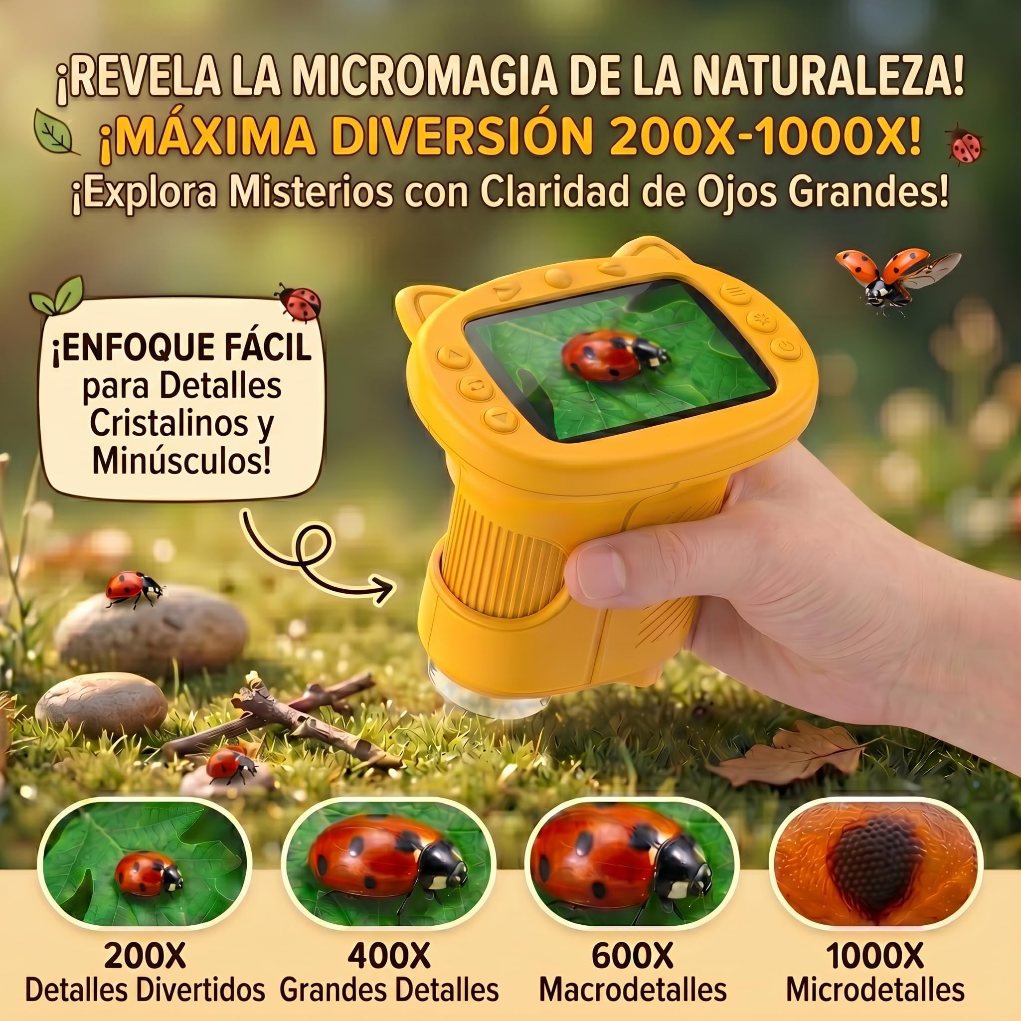 Microscopio para Niños, Microscopio Digital Infantil 4K Pantalla IPS 2.4" Zoom 1000X, Lupa Portátil 8 LED y Cámara Vídeo, Juguetes Stem Regalo Cumpleaños Niño y Niña 3-12 Años - Mandarina