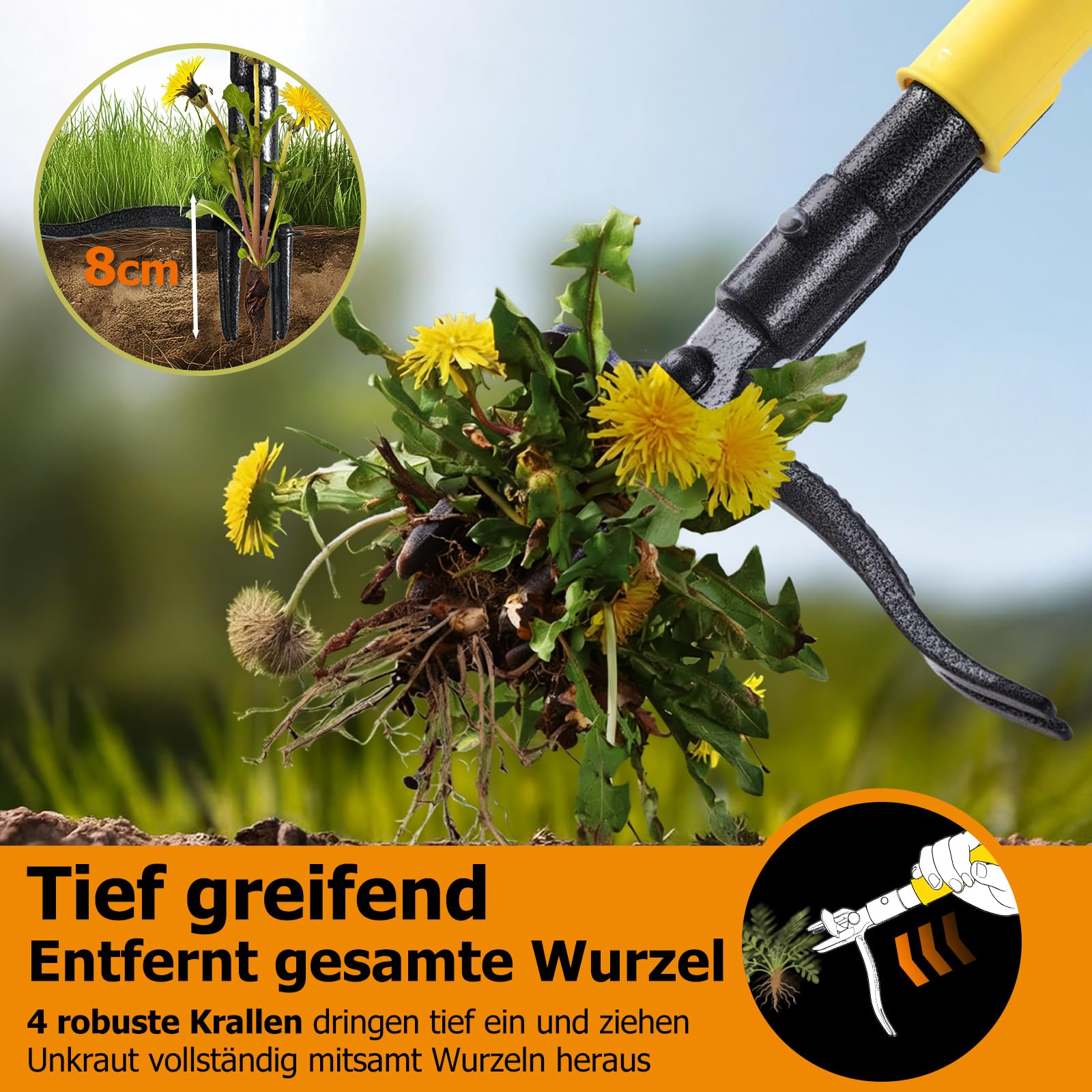 Unkrautstecher mit langem Stiel und Auswurfmechanismus – Stand-Up Unkrautentferner mit verstärktem Stahl und 3-teiligem Holzgriff – Schonendes und effektives Gartengerät für Löwenzahn und Disteln