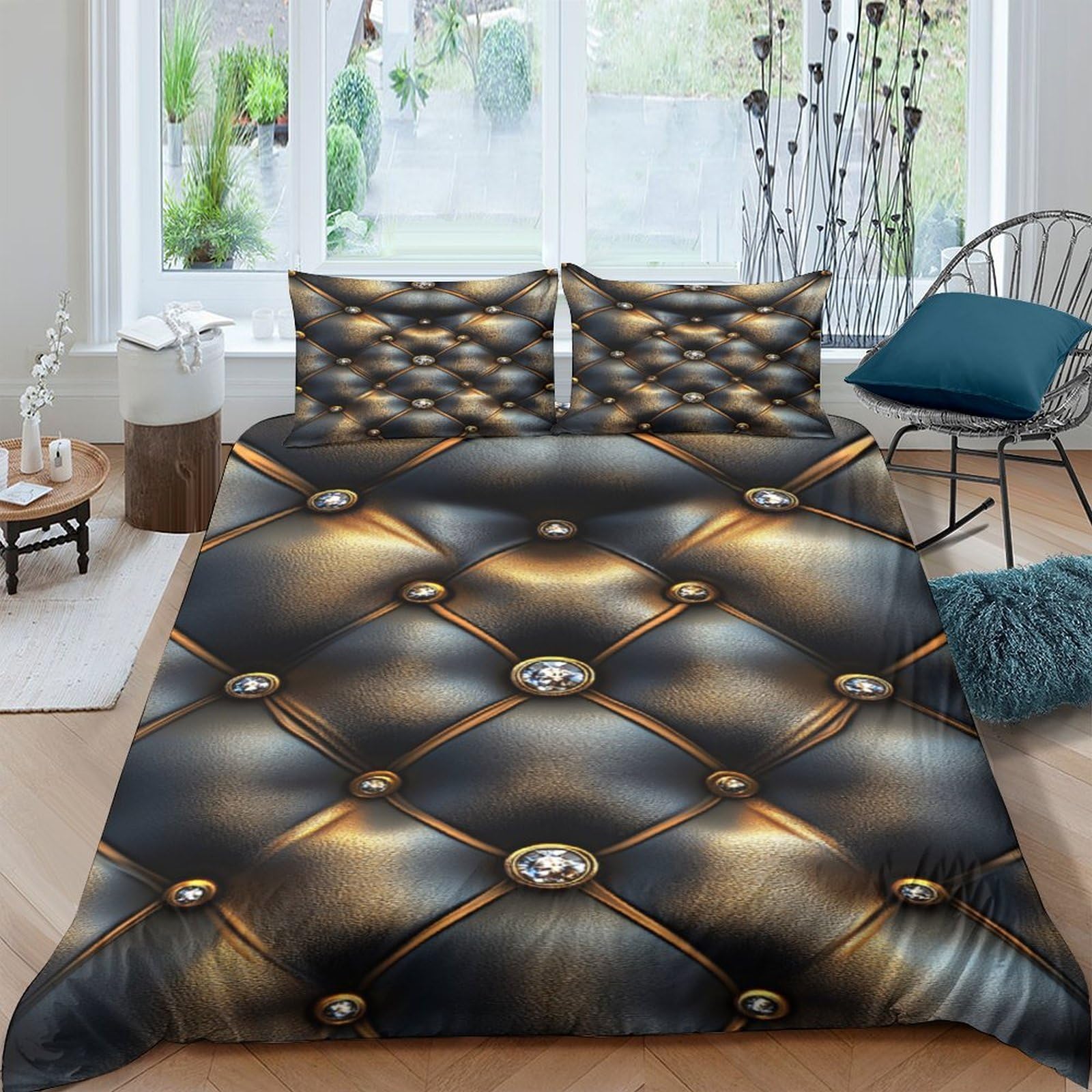 Ctjqhvkz Style-6 3D Printed Luxury Buttoned Leather Fitted Sheet Microfiber Soft Breathable Gold Tufted Bed Cover For Bedroom Dorm Decor Single（135X200cm）