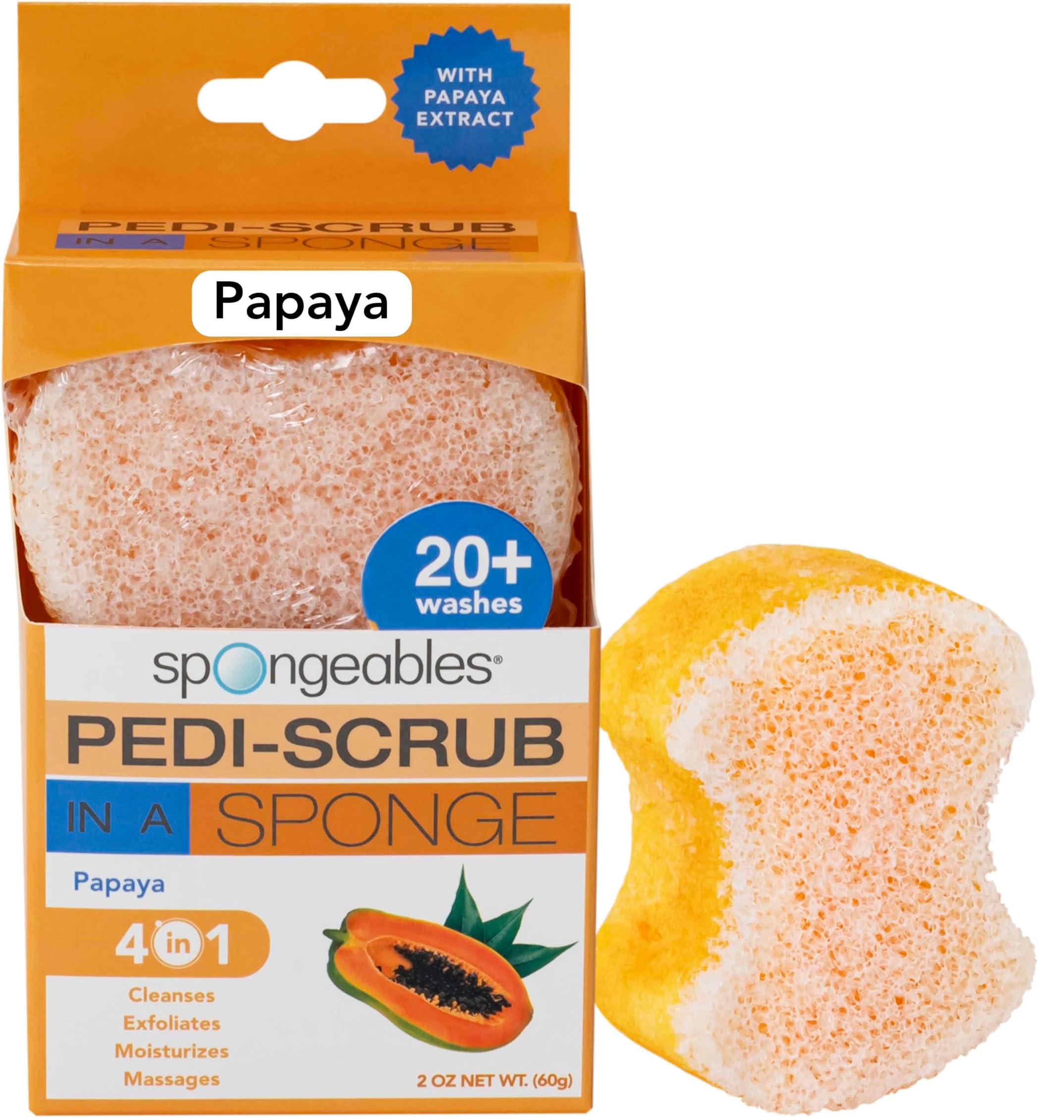 Spongeables Pedi-Scrub Foot Buffer, The Soap is in The Sponge, Contains Tea Tree Oil, Foot Exfoliating Sponge with Heel Buffer and Pedicure Oil, 20+ Washes, Papaya Scent, 2oz Sponge, 1 Count
