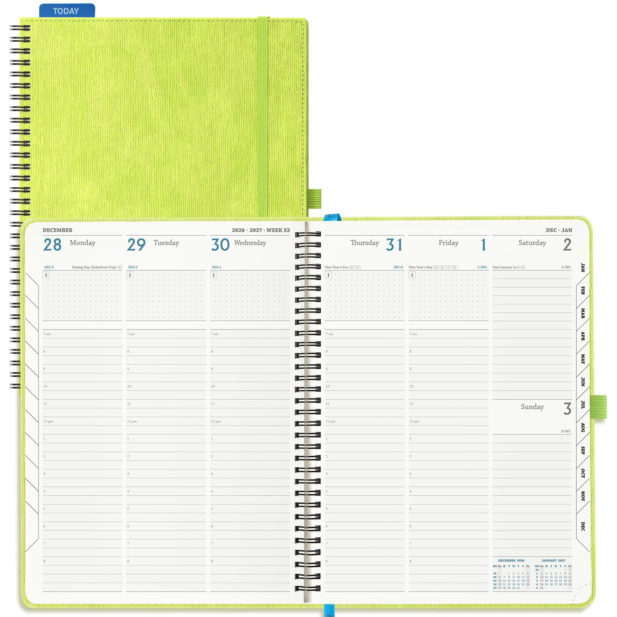 IN-LUXPRO Academic Diary 2026-2027 Week to View A4 Large(29x21.5 cm) Spiral 18 Months (Jul'26 - Dec'27) Mid Year Diary 26/27 Vertical Weekly Planner with Timeslots& Month Tabs, PU Leather Apple Green — image 1