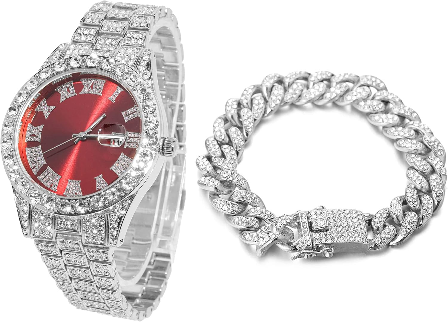 Halukakah Diamond Watch for Men - The Royal - 18K Real Gold/Platinum White Gold Plated & Handset Diamonds Iced Out,42MM Width Green/Blue/Red Dial Wristband 9.5”,Cuban Link Chain 8"+18",Comes with Giftbox