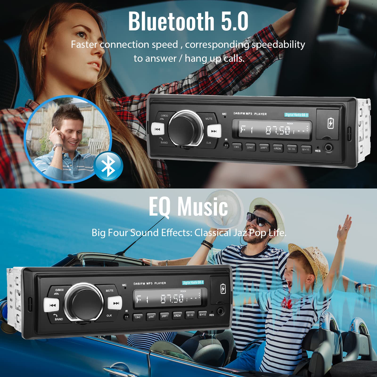 Hodozzy DAB+/DAB Autoradio 1 Din Bluetooth 5.0, 2xUSB/SD/EQ/Aux-in,Lenkradsteuerung,Freisprecheinrichtung,MP3 Player,25W*4
