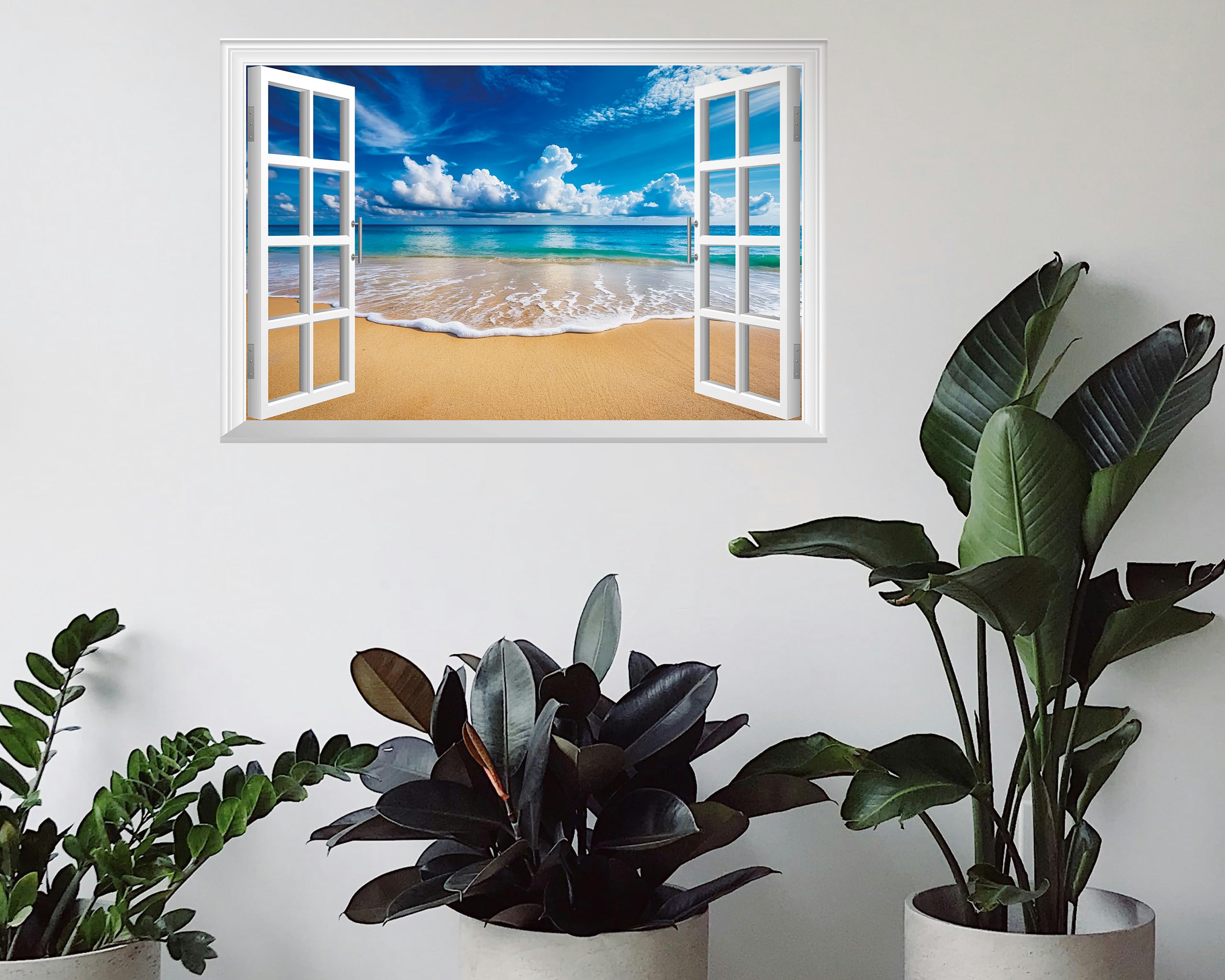 FLFK Fake Window Wall Decal – Ocean Beach Faux Window Mural, 24"x16" Peel & Stick Wall Sticker