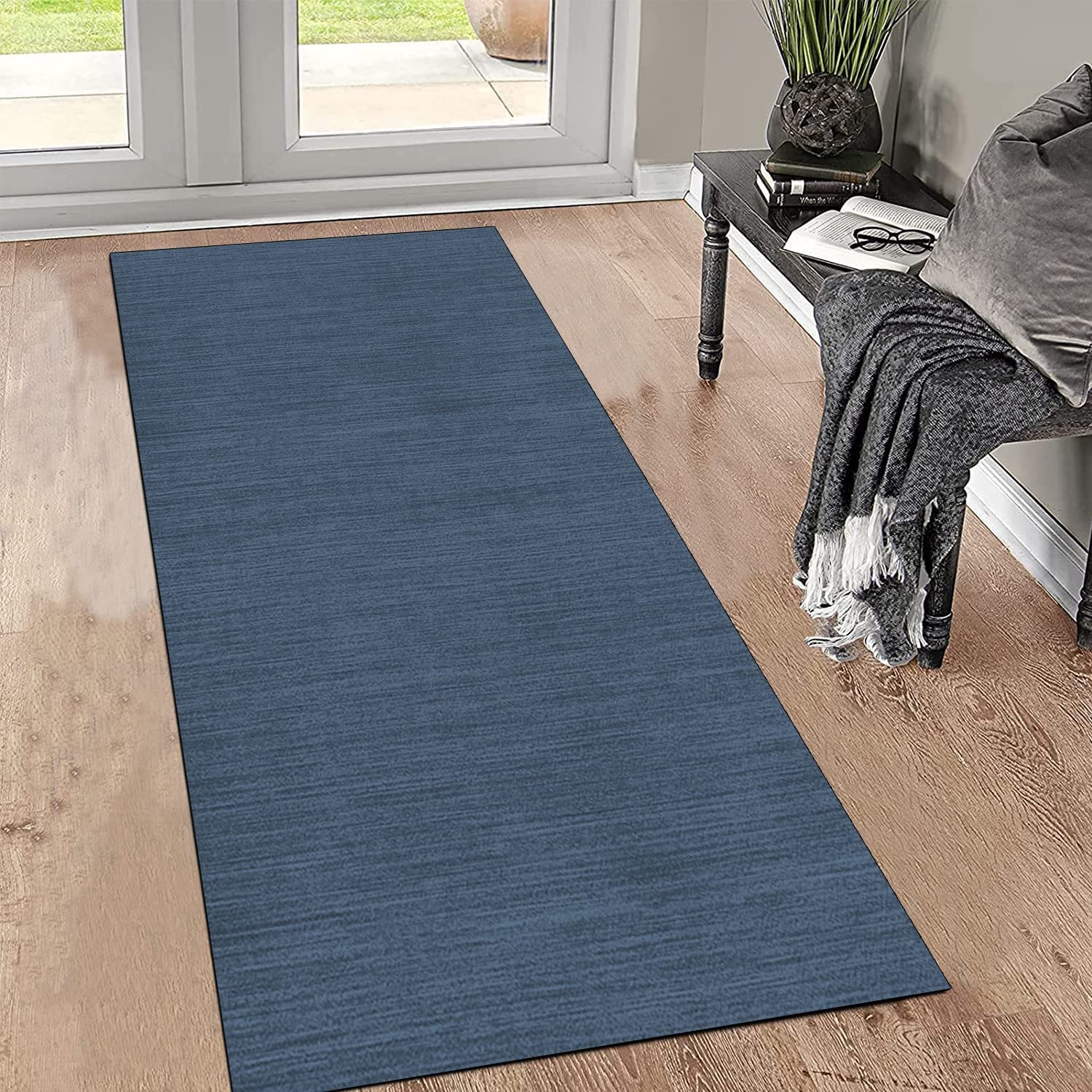 Teppich Läufer Flur rutschfest Modern Lang Teppichmatten 80x200CM Navy Blau Kücheläufer Meterware Teppichläufer Waschbar Kurzflor Polyester Korridor Schlafzimmer, Anpassbar Breite 40-120cm