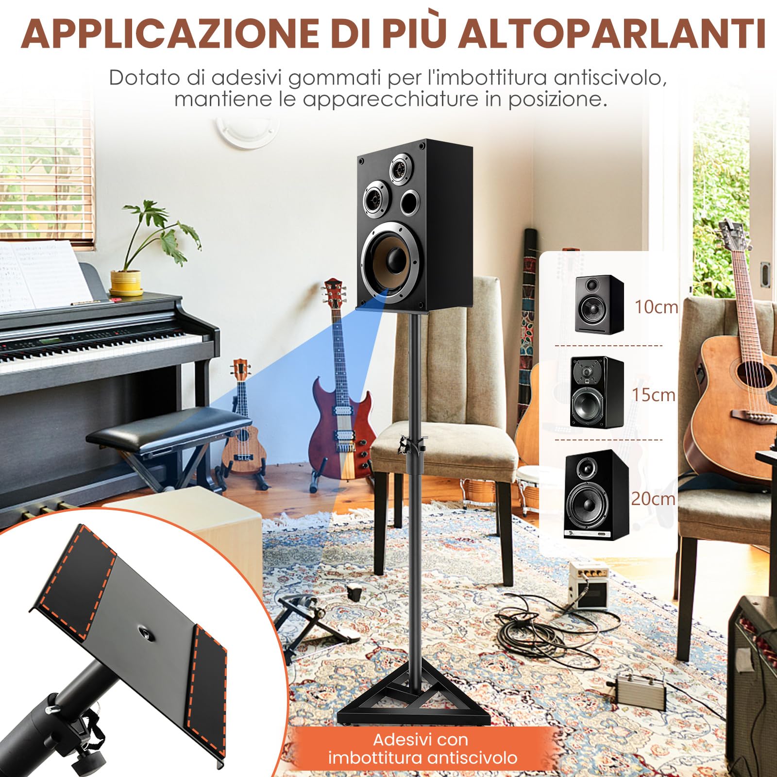 GYMAX Set di 2 Supporti per Altoparlanti, Regolabili in Altezza, con Base Triangolare, Adesivi Antiscivolo, Piattaforma Quadrata da 23 cm, Stativi per Casse per Casa, Studio